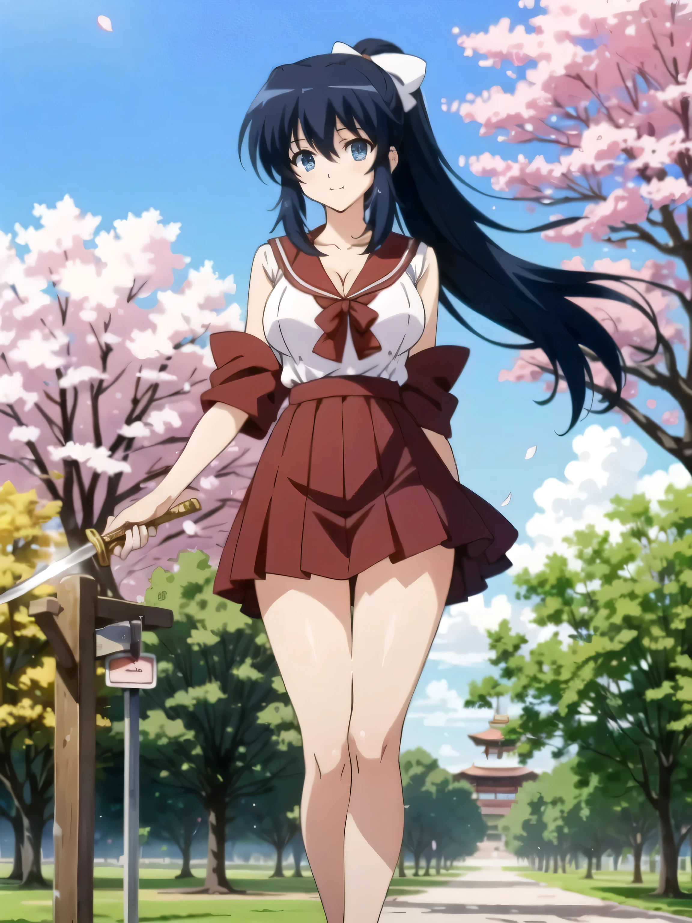 ((highest quality)), ((masterpiece)), (detailed), (16k high definition anime), Anatomically perfect body,Himari Noihara, 1girl,One girl、Perfect Face、Cute face、Beautiful Face、smile、Beautifully detailed eyes、blue eyes、Black Hair、Long Hair、ponytail、Red ribbon、(Large Breasts:1.3)、Beautiful cleavage、(sailor suit top、Short length), Beautiful cleavage、(Sailor skirt), Sometimes punch、Smooth body lines、Wide hips、Big ass、High Body、Beautiful long legs、Are standing、Spread your legs、Beautiful pose、View your viewers、Holding a Japanese sword、(Schoolyard background、under the cherry tree、Cherry blossoms )、Above-the-knee photos、