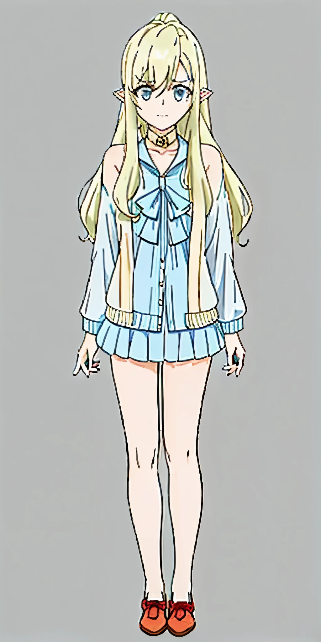((casual-style)), 1girl, solo, white hair, shirt, red ribbon, ribbon, looking at viewer, long hair, full body, white eyes, white shirt, grey eyes, hair between eyes, neck ribbon, collared shirt, cardigan, closed mouth, expressionless, jacket, simple background, frills, bangs, white background, long sleeves