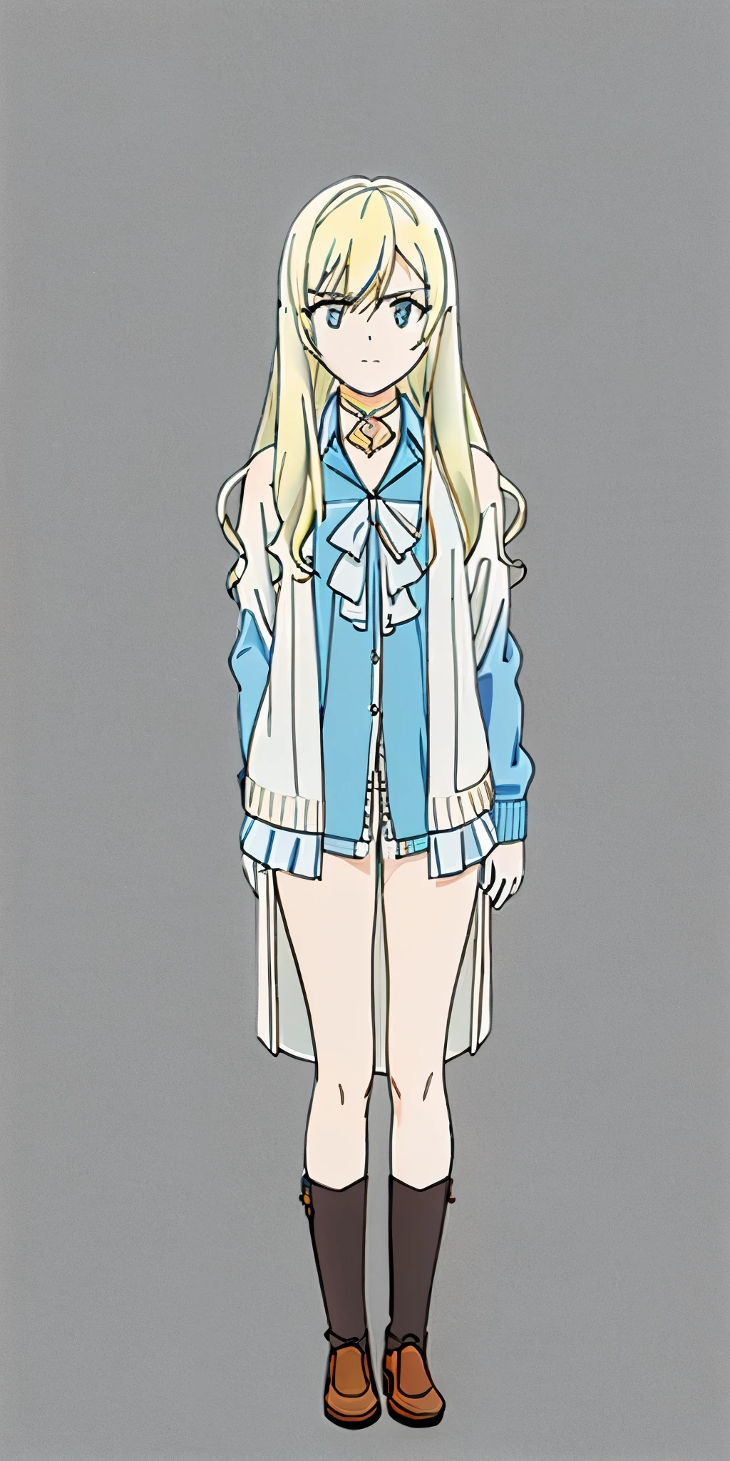 ((casual-style)), 1girl, solo, white hair, shirt, red ribbon, ribbon, looking at viewer, long hair, full body, white eyes, white shirt, grey eyes, hair between eyes, neck ribbon, collared shirt, cardigan, closed mouth, expressionless, jacket, simple background, frills, bangs, white background, long sleeves