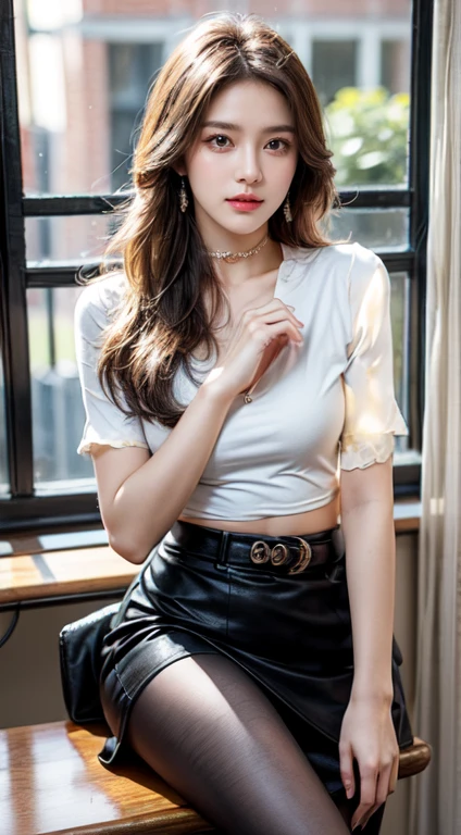 ((8K、ighly detailed、acurate、top-quality、Award-winning、masterpiece:1.3))、(photorealisim:1.4)、Textured skin、tre anatomically correct、Focus:1.2、1girl in、beauty with perfect body:1.4、(white fancy blouse), (Black tight mini skirt)、A dark-haired、bangss、full body Esbian、Clear face、Delicat eyes、二重まぶた、Whitened skin、photorealisim、In the car、half smile、sitting on