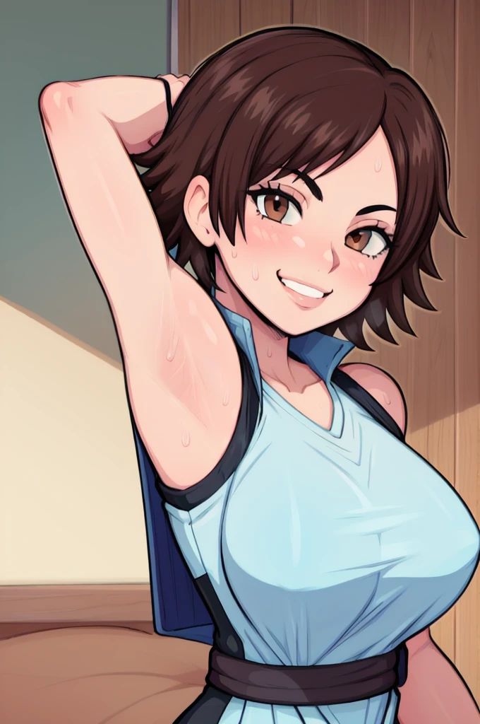 masterpiece, best quality, asuka kazama, looking at viewer, very large breasts, upper body, portrait, looking at viewer, seductive smile,put your hands behind your head, armpits, armpits visible, sweaty armpits,