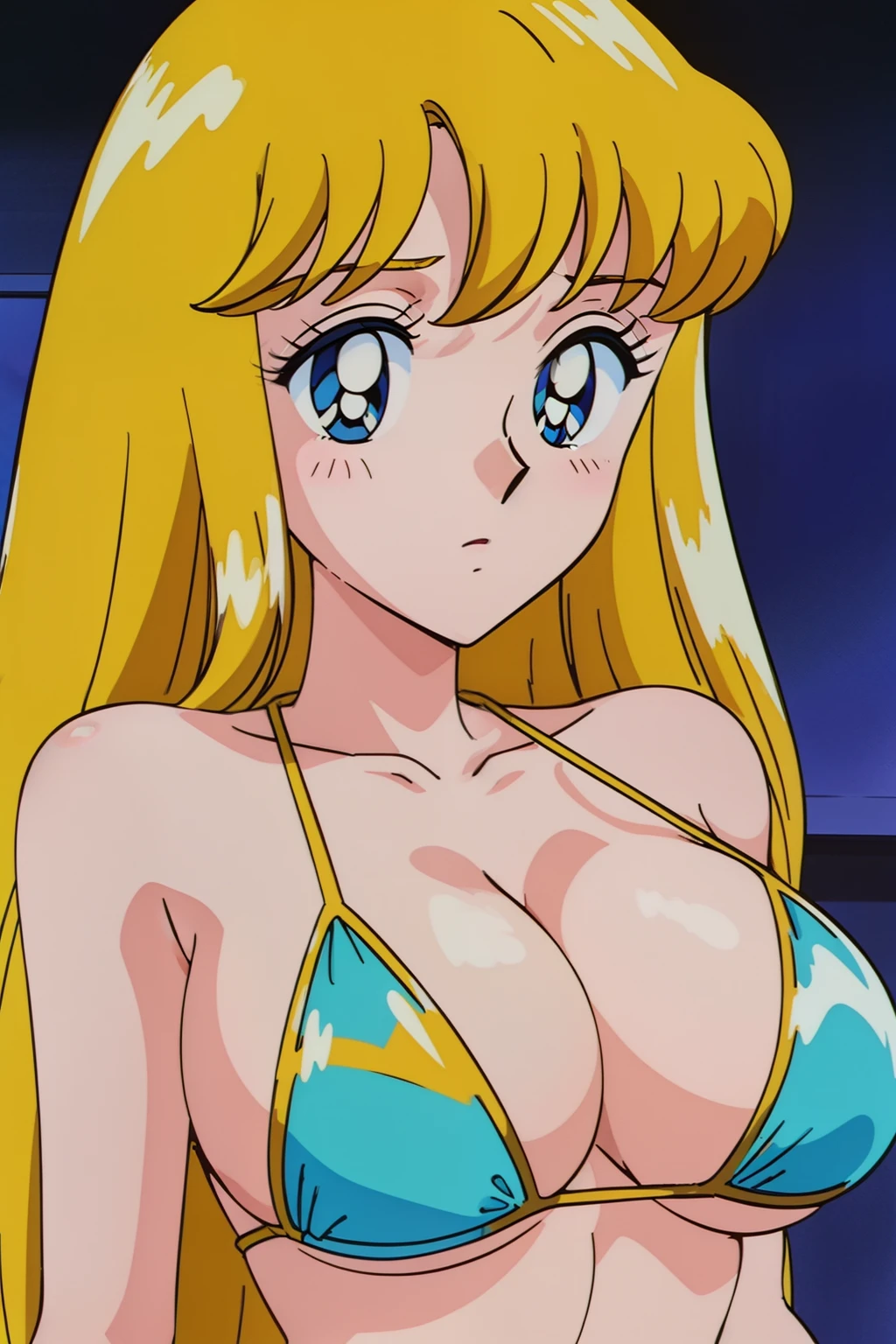 (anime cels style, Masterpiece, best quality, high resolution, anime colored, megami magazine:1.2, anime poster style, anime keyvisual, sharp, 8k, photorealistic), (beautiful eyes:1.5), reiko_aiwaifu, 1woman, milf, blond hair, long hair, (sagging huge breast), micro bikini, cleavage, (upper body:1.5), standing, (perfect detailed anatomy, perfect arms, perfect fingers, beautiful face, perfect body, shiny skin), (simple background:1.5),
