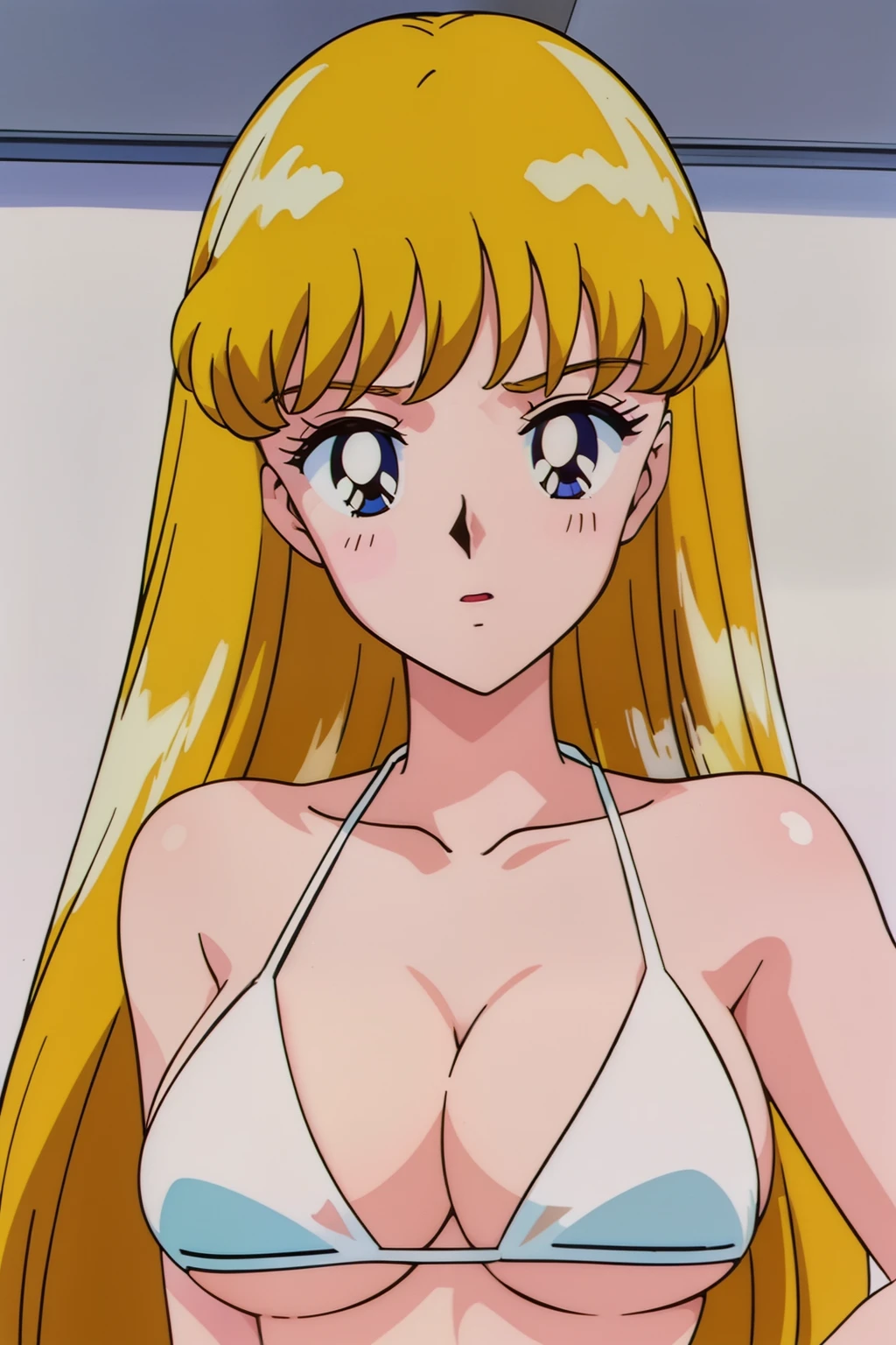 (anime cels style, Masterpiece, best quality, high resolution, anime colored, megami magazine:1.2, anime poster style, anime keyvisual, sharp, 8k, photorealistic), (beautiful eyes:1.5), reiko_aiwaifu, 1woman, milf, blond hair, long hair, (sagging huge breast), micro bikini, cleavage, (upper body:1.5), standing, (perfect detailed anatomy, perfect arms, perfect fingers, beautiful face, perfect body, shiny skin), (simple background:1.5), 