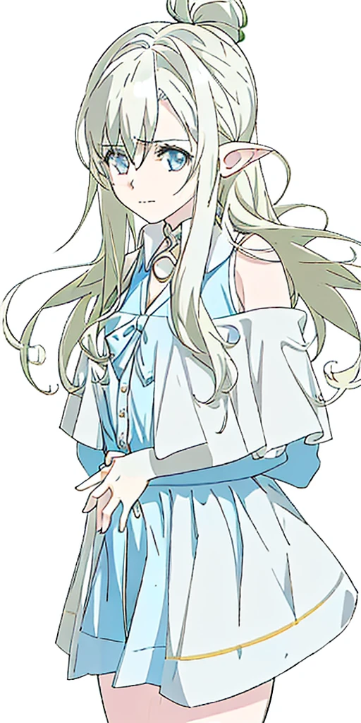 ((casual-style)), 1girl, solo, white hair, shirt, red ribbon, ribbon, looking at viewer, long hair, full body, white eyes, white shirt, grey eyes, hair between eyes, neck ribbon, collared shirt, cardigan, closed mouth, expressionless, jacket, simple background, frills, bangs, white background, long sleeves