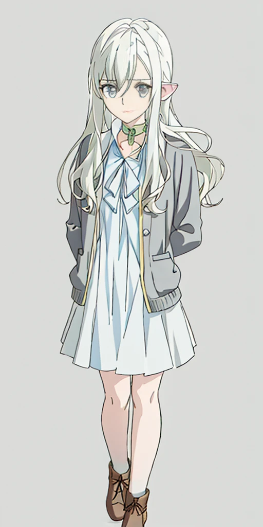 ((casual-style)), 1girl, solo, white hair, shirt, red ribbon, ribbon, looking at viewer, long hair, full body, white eyes, white shirt, grey eyes, hair between eyes, neck ribbon, collared shirt, cardigan, closed mouth, expressionless, jacket, simple background, frills, bangs, white background, long sleeves