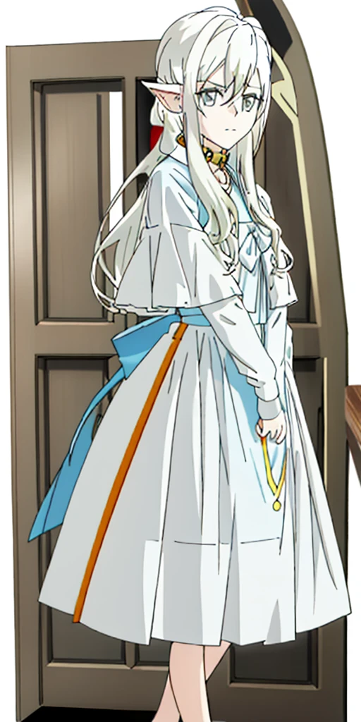 ((casual-style)), 1girl, solo, white hair, shirt, red ribbon, ribbon, looking at viewer, long hair, full body, white eyes, white shirt, grey eyes, hair between eyes, neck ribbon, collared shirt, cardigan, closed mouth, expressionless, jacket, simple background, frills, bangs, white background, long sleeves