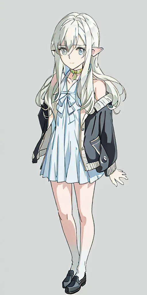 ((casual-style)), 1girl, solo, white hair, shirt, red ribbon, ribbon, looking at viewer, long hair, full body, white eyes, white shirt, grey eyes, hair between eyes, neck ribbon, collared shirt, cardigan, closed mouth, expressionless, jacket, simple background, frills, bangs, white background, long sleeves