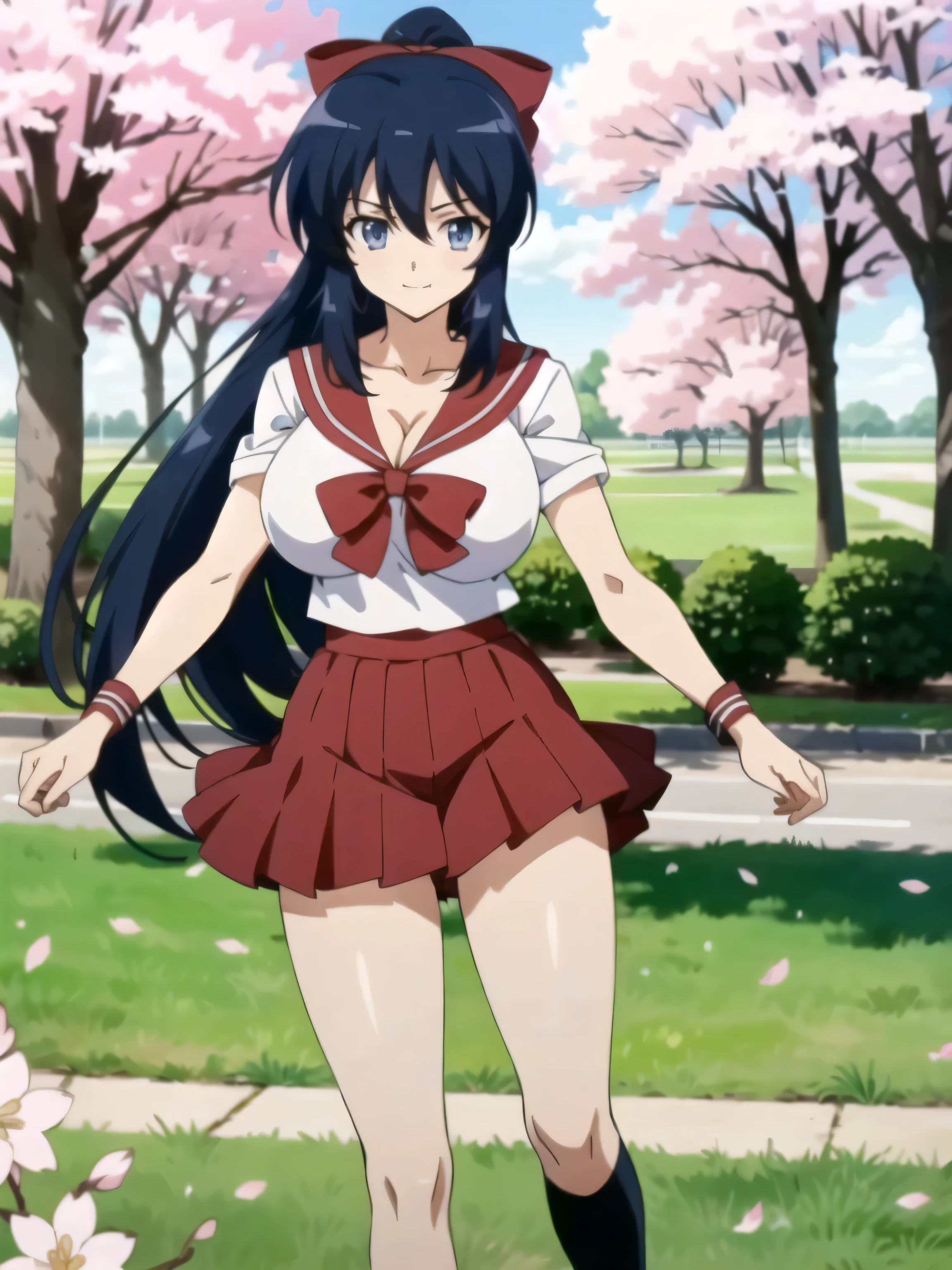 ((highest quality)), ((masterpiece)), (detailed), (16k high definition anime), Anatomically perfect body,Himari Noihara, 1girl,One girl、Perfect Face、Cute face、Beautiful Face、smile、Beautifully detailed eyes、blue eyes、Black Hair、Long Hair、ponytail、Red ribbon、(Large Breasts:1.3)、Beautiful cleavage、(sailor suit top、Short length), Beautiful cleavage、(Sailor skirt), Sometimes punch、Smooth body lines、Wide hips、Big ass、High Body、Beautiful long legs、Are standing、Spread your legs、Beautiful pose、View your viewers、Holding a Japanese sword、(Schoolyard background、under the cherry tree、Cherry blossoms )、Above-the-knee photos、