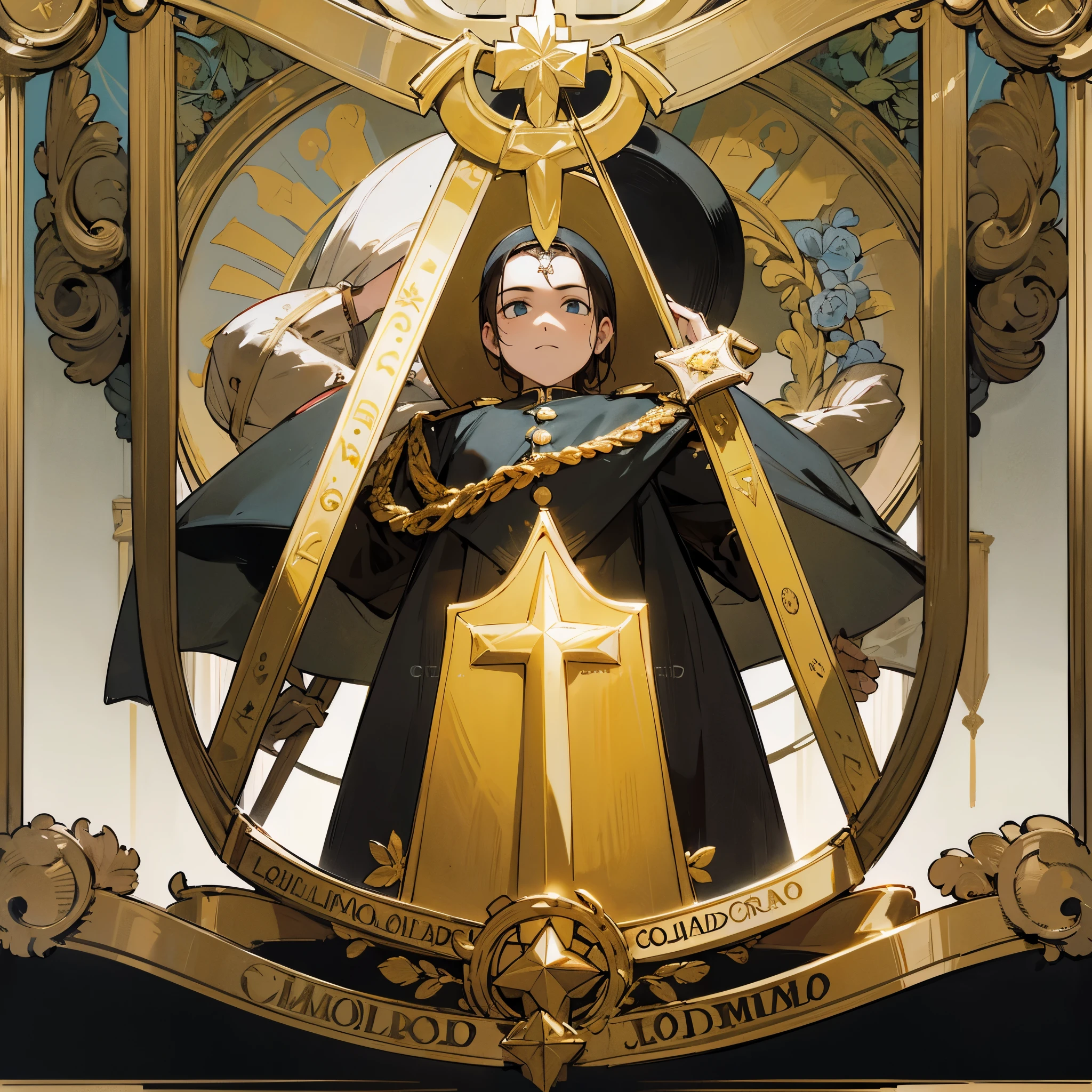 Logotipo, grupo llamado soldados de cristo, soldado romano con escudo en la mano, color dorado, in a shield-shaped frame and a suit of reference to the Catholic church