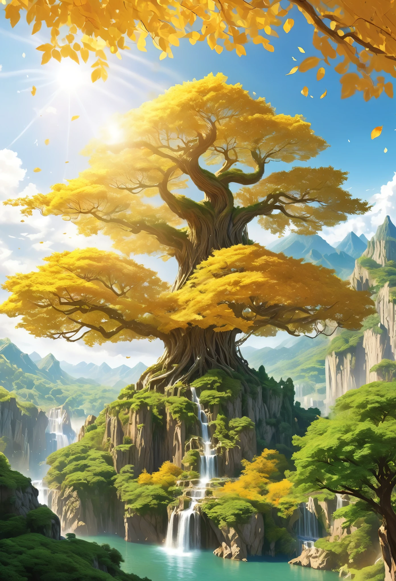 An unparalleled masterpiece, 16k, Super detailed, Approaching perfection, (Manga style:1.3) | Huge Magical (Elven World Tree) In the ancient elven city. | The World Tree (expensive), The branches stretch out towards the sky and shine brightly. ((Golden leaves that emit a soft and fantastic light)). | A distant view capturing the grandeur of the World Tree with the magnificent Elven city in the background. | There are many elven buildings in the city.、It showcases rich history and captivating beauty。 (elegant) civilization. | This scene (A breathtakingly sunny day) Bit (Mystery and Wonder) | Learn more