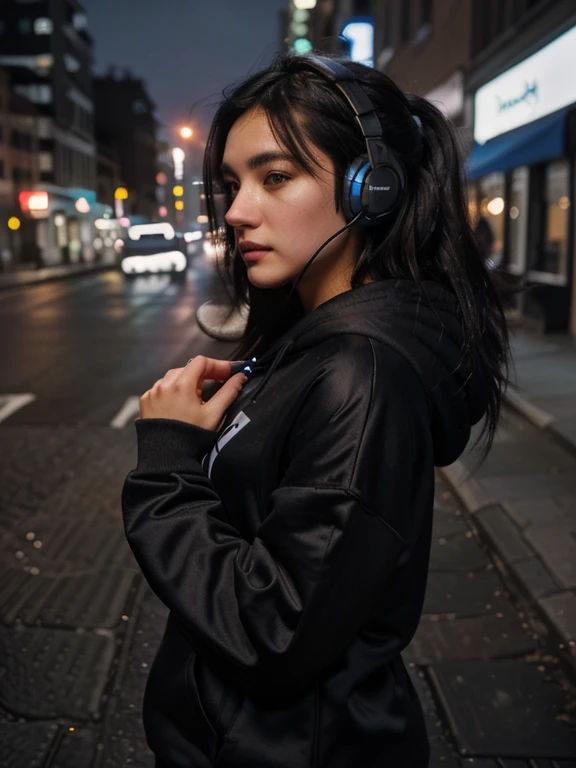 there is a woman taking a selfie on a street at night, with headphones, with head phones, at night time, perfectly lit face, profile picture 1024px, in the city, black haired girl wearing hoodie, beautiful girl, city lights, urban landscape, blurred background, 16K CGI, photography