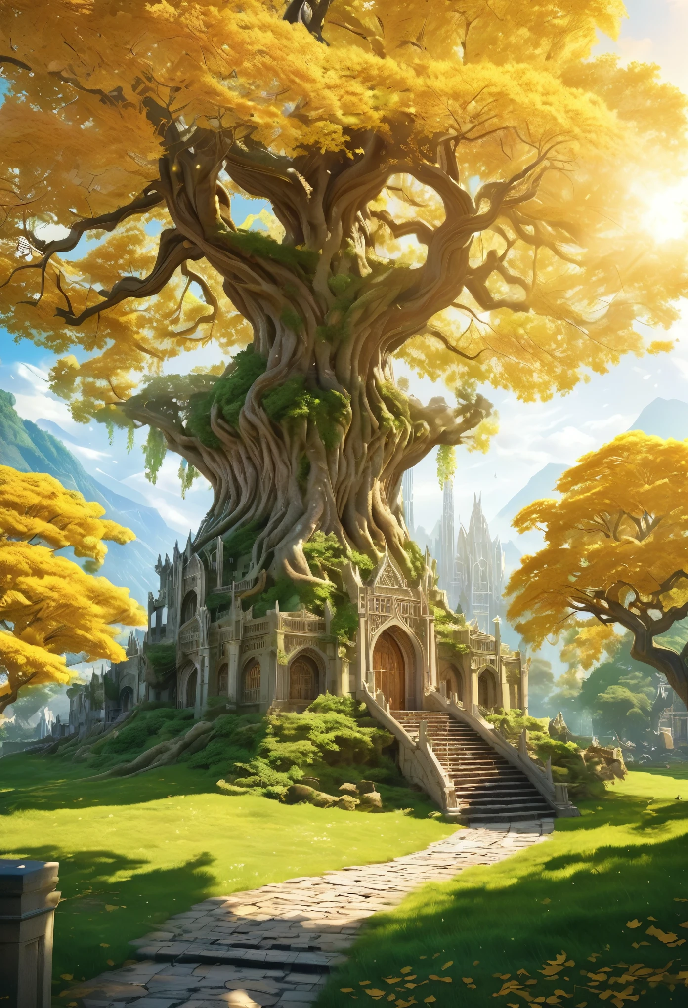 An unparalleled masterpiece, 16k, Super detailed, Approaching perfection, (Manga style:1.3) | Huge Magical (Elven World Tree) In the ancient elven city. | The World Tree (expensive), The branches stretch out towards the sky and shine brightly. ((Golden leaves that emit a soft and fantastic light)). | A distant view capturing the grandeur of the World Tree with the magnificent Elven city in the background. | There are many elven buildings in the city.、It showcases rich history and captivating beauty。 (elegant) civilization. | This scene (A breathtakingly sunny day) Bit (Mystery and Wonder) | Learn more