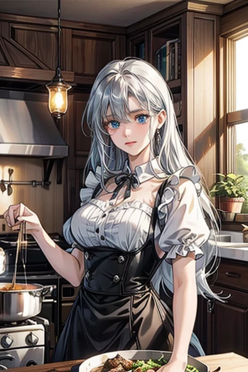 8k, highest quality,  Ultra-high resolution, One -yeld gi Detailed face, blue eyes, Slightly droopy eyes, Silver long hair, Classic maid outfit in black and white, Luxurious Western-style house kitchen, Cooking, Stirring the ingredients in the pot