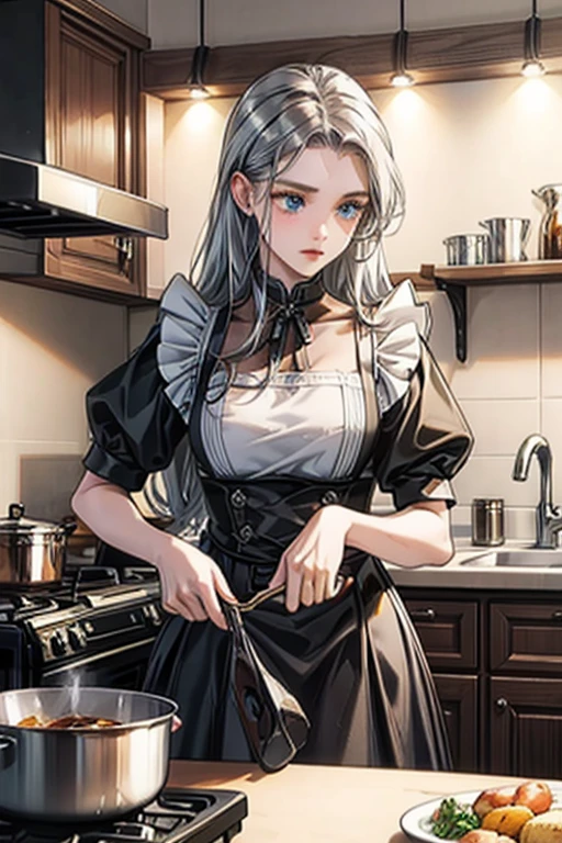 8k, highest quality,  Ultra-high resolution, One ****************, Detailed face, blue eyes, Slightly droopy eyes, Silver long hair, Classic maid outfit in black and white, Luxurious Western-style house kitchen, Cooking, Stirring the ingredients in the pot