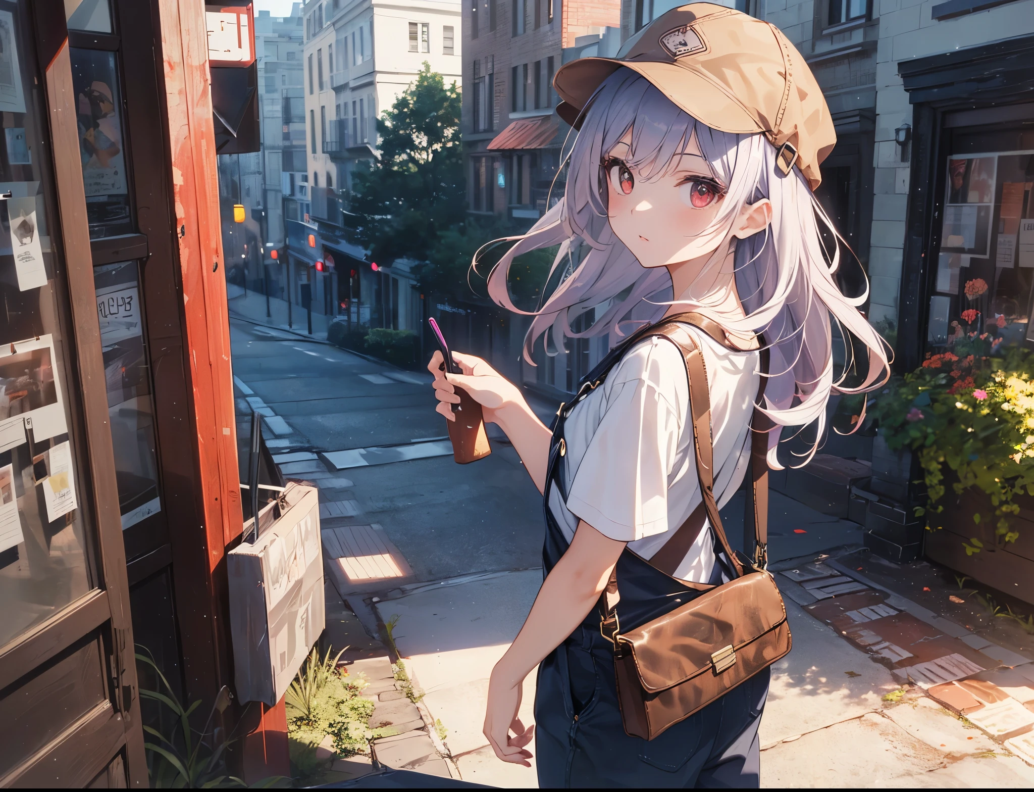 (Close-up:1.3),Realistic,highest quality, Super detailed, High-quality CG rendering, The most delicate and beautiful, Floating softly, High resolution, (1 girl), (highest quality,4K,8k,masterpiece:1.2), Light purple hair,Long Hair,Red eyes,(Brown overalls:1.3),(Pure white T-shirt:1.3),(Brown hunting hat:1.3),In the city,old buildings,(whole body:1.3),(Turn your back to your audience:1.3),Ass,(Small shoulder bag:1.3),Brown boots
