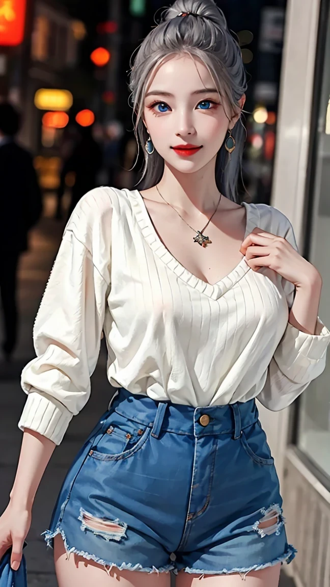 Urban beautiful girl college , masterpiece, light makeup, Red lips, Silver Hair, Disheveled long hair, Street background, beautiful, elegant. Extremely fine detail, Master Works, Authentic texture, Realism in film lighting, Perfect job, 16k, High resolution, exquisite features,blue eyes、Japanese Idols、Beautiful face、Cute Smile、beautiful hair、ponytail、glamorous、( Big Breasts、Erect nipples)、Shiny skin、Sexy knitted sweaters, Bright big eyes, Smooth skin, Earrings, necklace, (Lots of tattoos),Shorts