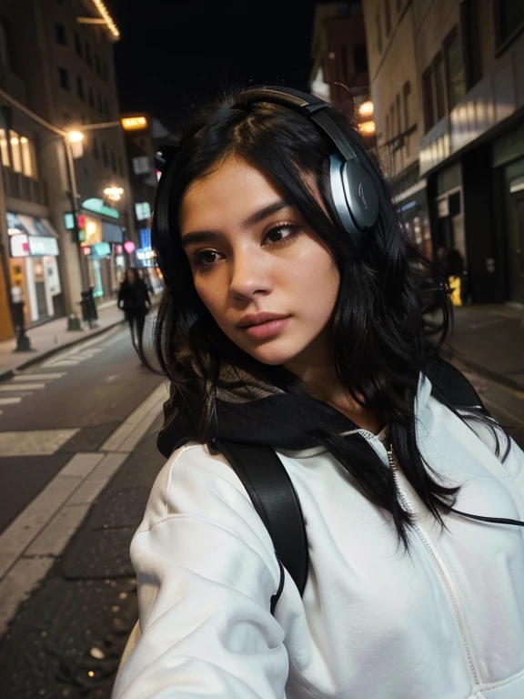 there is a woman taking a selfie on a street at night, with headphones, with head phones, at night time, perfectly lit face, profile picture 1024px, in the city, black haired girl wearing hoodie, beautiful girl, city lights, urban landscape, blurred background, 16K CGI, photography