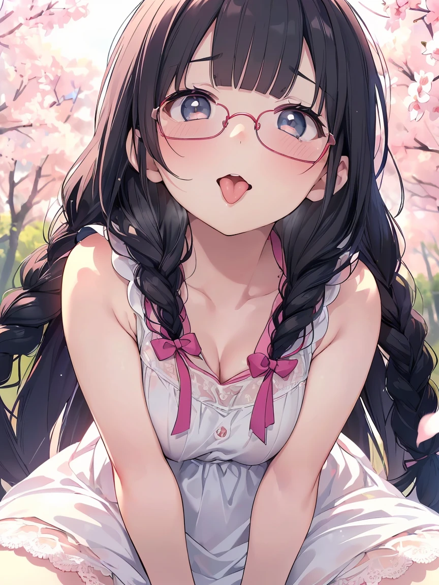 Very detailed, highest quality, High resolution, Moe Anime, ((A cute  with black hair and droopy eyes)), ((Wearing large round glasses:1.4)), (Baby Face), Cute eyes, eye depiction, Sparkle in the eyes, View your viewers, Pale skin, (Big eyes:1.4, Droopy eyes:1.4, Fatty face:1.4), smile, Focus on the face, In the park with cherry blossoms falling, Sitting, (Extreme close up of tongue), (((From below))), Open your mouth, (((Face only:1.3))), ((white lace sleeveless dress)), Bright Eyes, Light from the front, (Put your hands between your legs:1.4), large and long tongue, Cleavage, Braided Hair, Pink ribbon