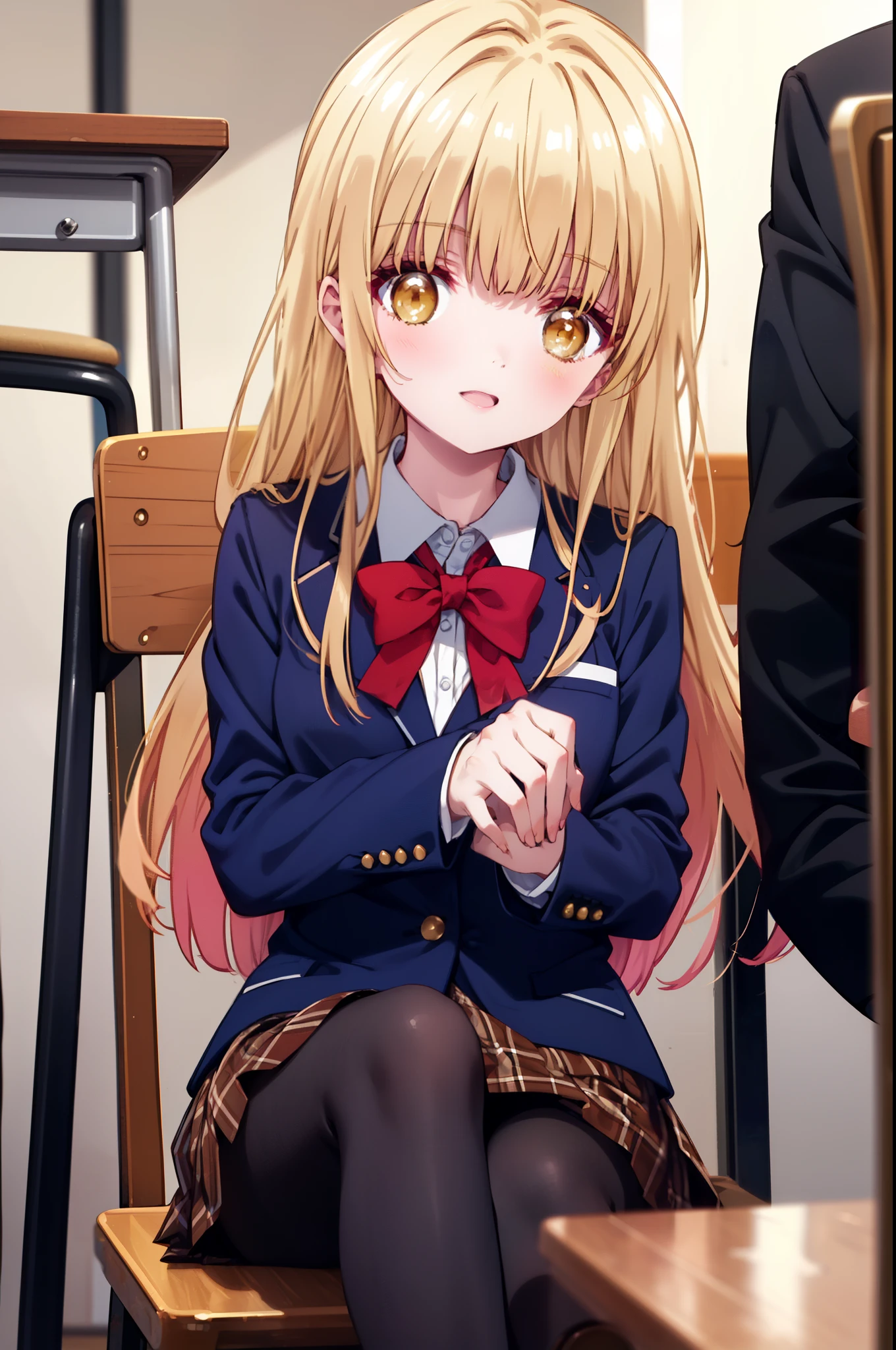 mahirushiina, Mahiru shiina, Blonde, (Brown eyes:1.7), Long Hair, smile,blush,Open your mouth,
break black footwear, black pantyhose, blazer, bow, bowtie, collar, collared shirt, Jacket, pantyhose, Plaid, Plaid skirt, pleated skirt, red bow, red bowtie, , shirt, Brown loafers, skirt,sitting cross-legged on a chair,whole bodyがイラストに入るように,
break looking at viewer, whole body,
break indoors, classroom,
break (masterpiece:1.2), highest quality, High resolution, unity 8k wallpaper, (figure:0.8), (Beautiful fine details:1.6), Highly detailed face, Perfect lighting, Highly detailed CG, (Perfect hands, Perfect Anatomy),