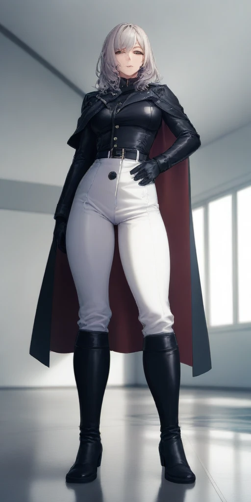 Mature female, adult, milf, mature, 30 years old, woman ((solo)),(1girl),standing, full body, authority, leather outfit, dominant, (muscular), long sleeves, black gloves, double-breasted, (black knee-high boots:1.4), (white pants:1.2),devious, seductive, evil, confident, belt, cape, standing, bedroom, military uniform, looking at viewer, from below, clean floor, empty room, large windows, guard, warden, queen, commander (smirk:0.33) tall, deadpan