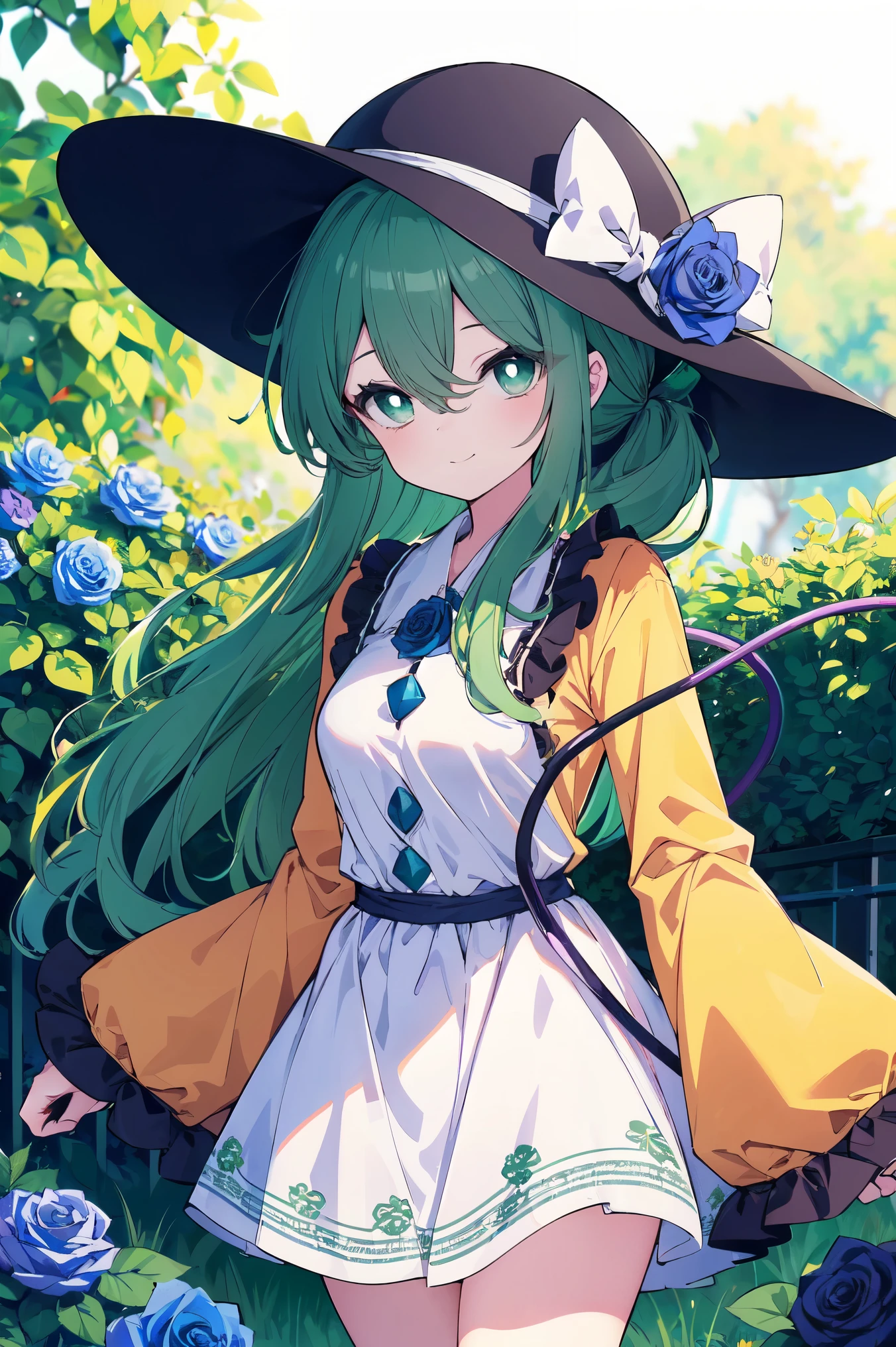 (cowboy shot), (colorful:1.1), (ultra-high resolution, depth of field:1.2), Touhou project, (komeiji koishi), (1woman), adult, medium breasts, (dark green eyes), white pupils, glowing eyes, green hair, wavy hair, (long hair), ponytail, (wearing a white summer dress:1.2), A closed blue-purplish "third eye", with cords wrapped around her torso and attached to each of her ankles, (blue roses in the background), garden scenery, gentle smile, (squinting eyes)