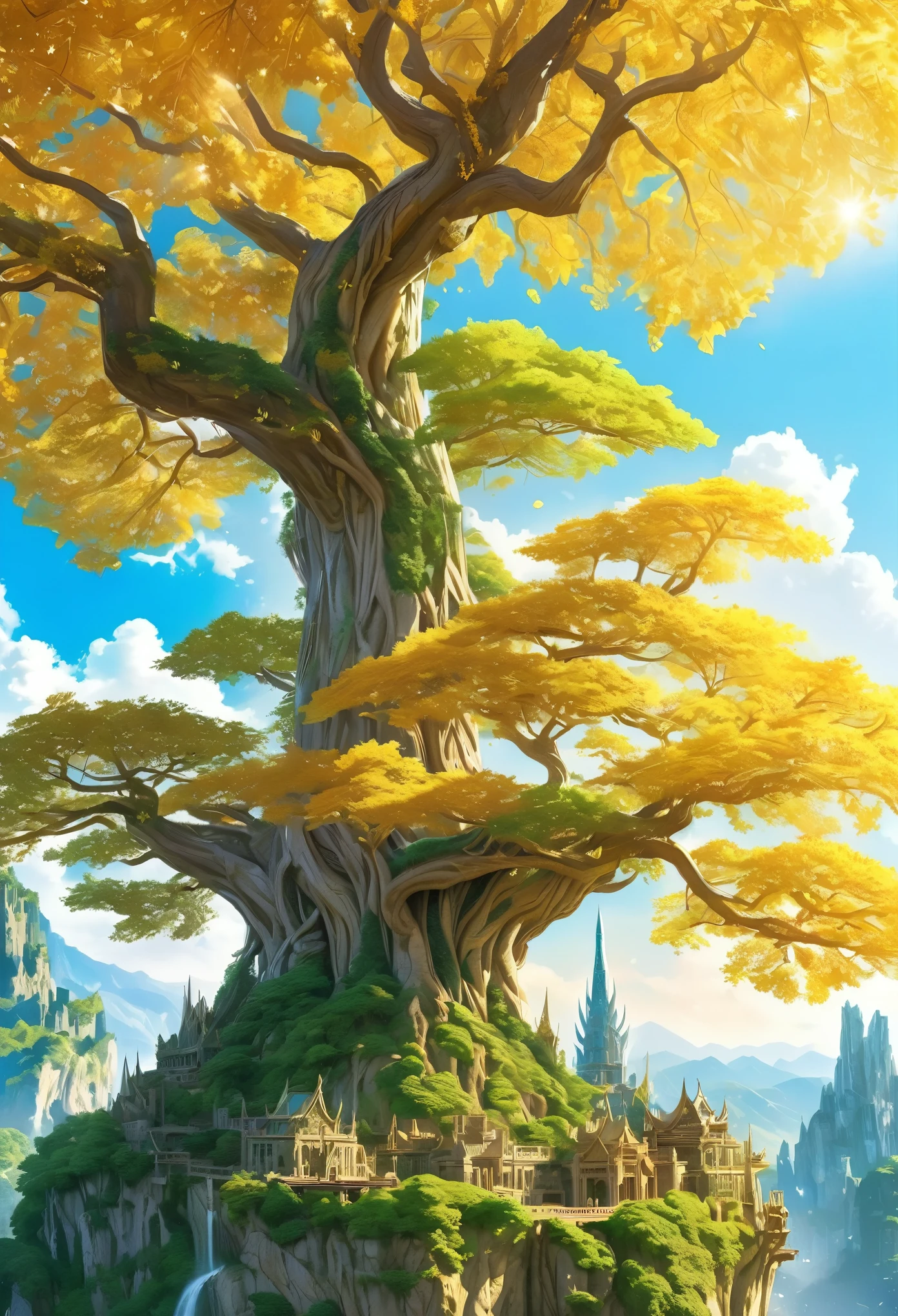An unparalleled masterpiece, 16k, Super detailed, Approaching perfection, (Manga style:1.3) | Huge Magical (Elven World Tree) In the ancient elven city. | The World Tree (expensive), The branches stretch out towards the sky and shine brightly. ((Golden leaves that emit a soft and fantastic light)). | A distant view capturing the grandeur of the World Tree with the magnificent Elven city in the background. | There are many elven buildings in the city.、It showcases rich history and captivating beauty。 (elegant) civilization. | This scene (A breathtakingly sunny day) Bit (Mystery and Wonder) | Learn more