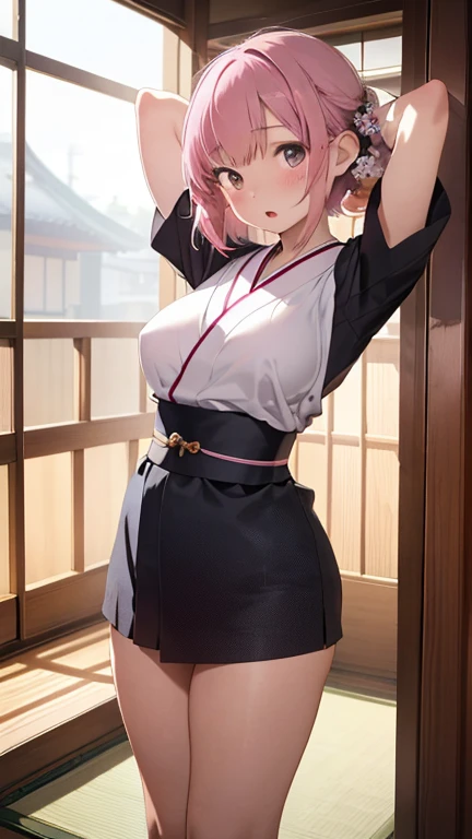 masterpiece、highest quality、Very detailed、Photograph the upper body、1 female、(Put your arms behind your back:1.4)、Are standing、Turn your body forward、View your viewers、(short Japanese kimono)、break,blush、shy、Pink Hair、Open your mouth、Japanese-style room、Big Breasts、