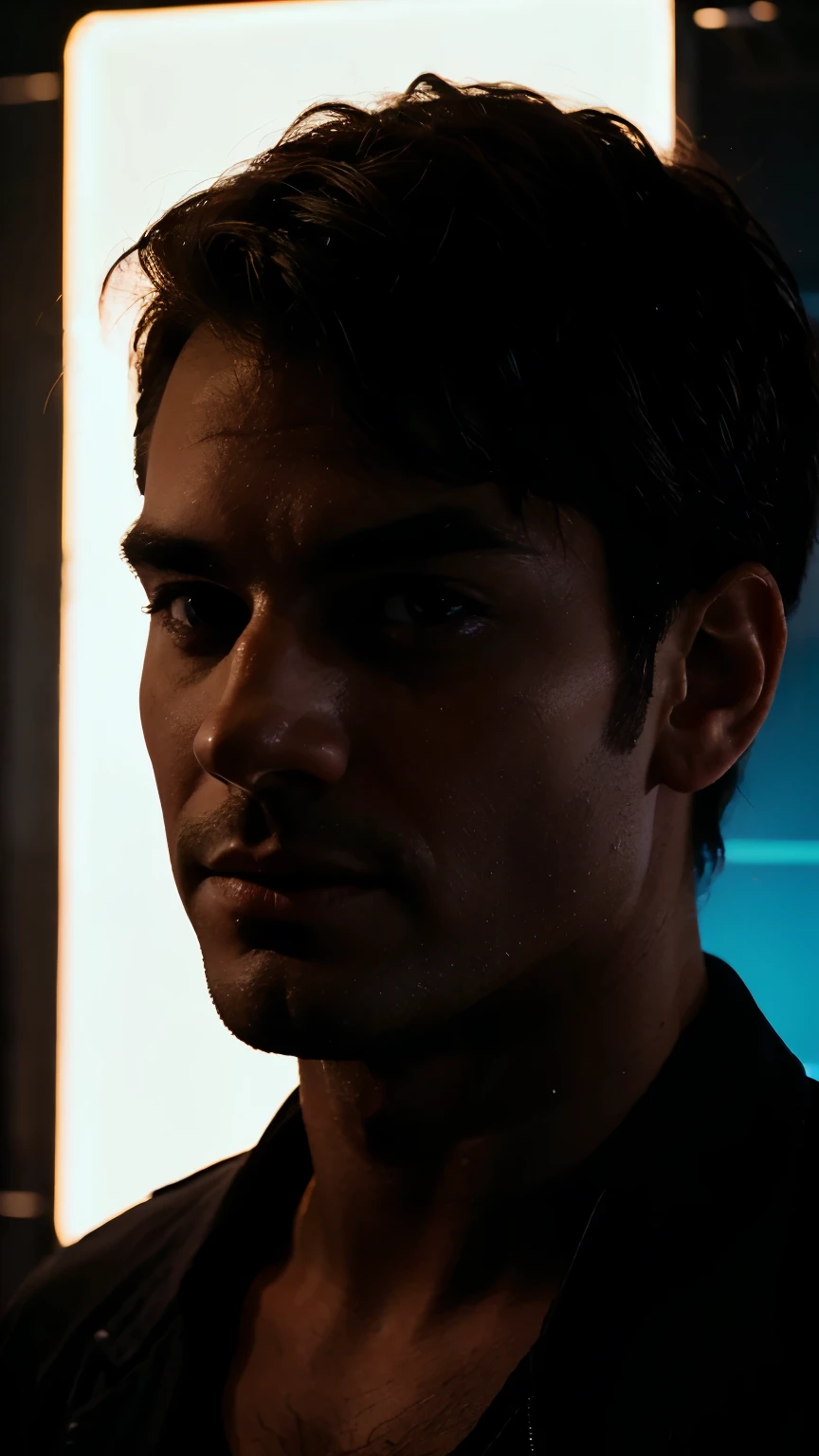 Man showing face in neon lights and shadows