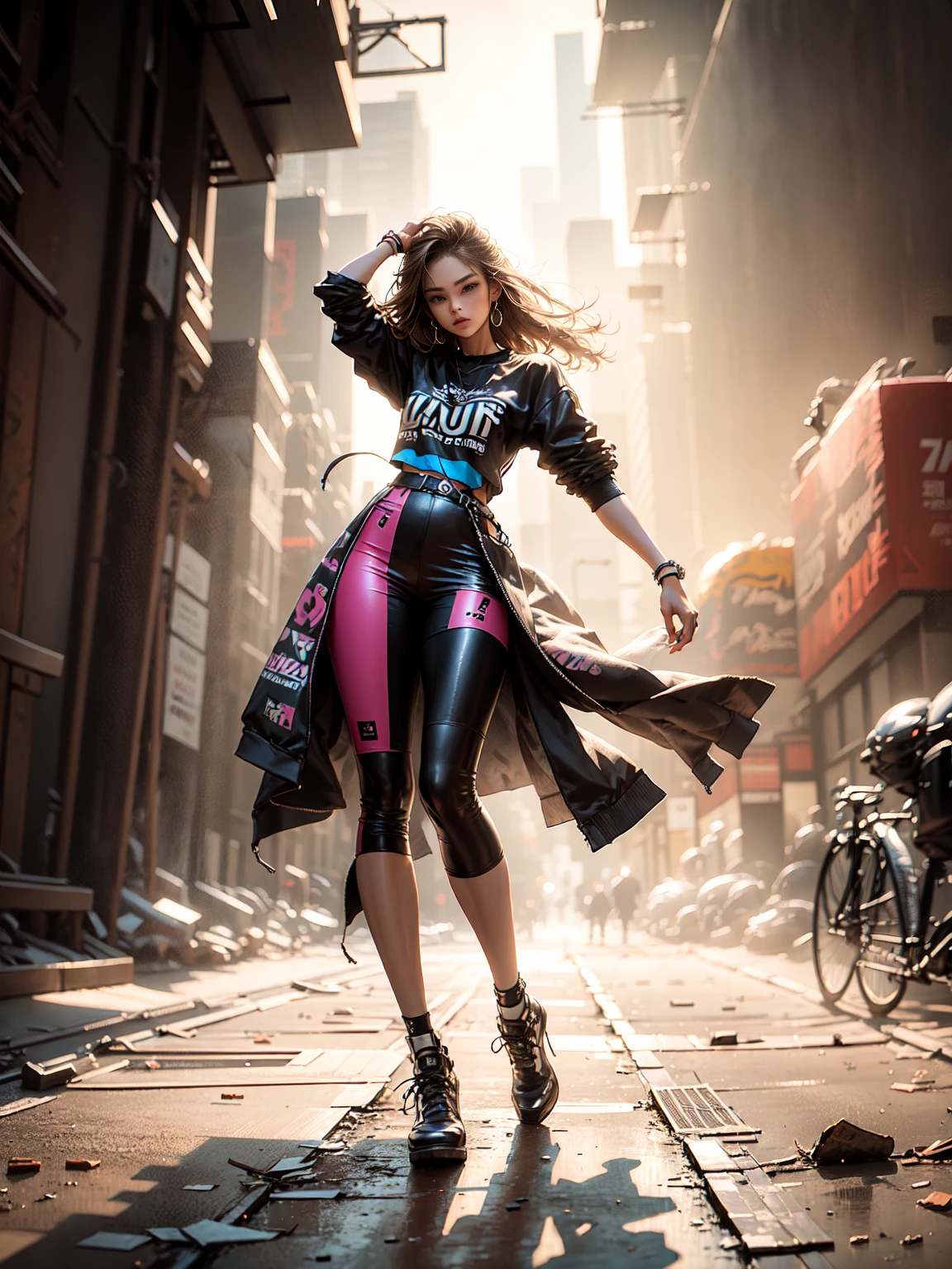 models, professional: 1.6, (best quality, 4k, 8k, high resolution, masterpiece: 1.2), ultra detailed, realistic, modern style, elegant fashion, full body shot: 1.5, wide shot: 1.5, stylish, clothing for modeling, accessories, stylish pose as a model, modern and beautiful hair, brown hair, colorful, bold background, studio lighting, dynamic and stylish pose