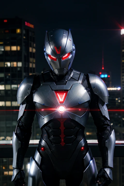 superhero robot, has laser powers, lasers are red, has silver armor, has blue eyes, and lives in city