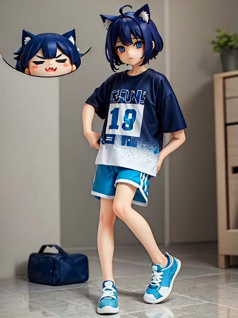 Young boy、Blue permed short hair、Cat ear、4th degree、T-Shirts、Shorts、Big eyes、sneakers、