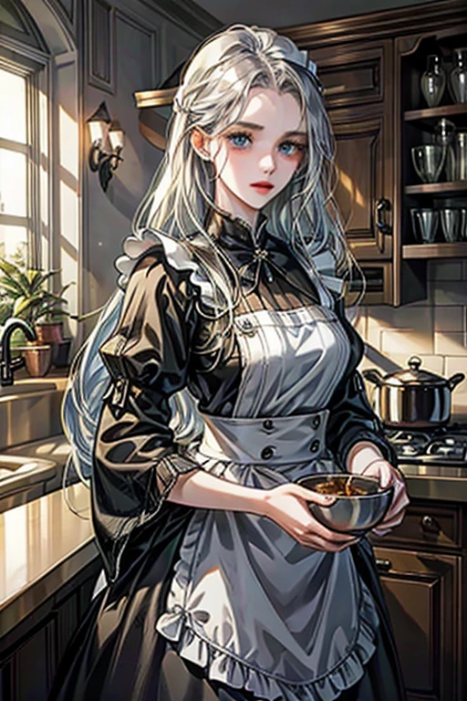 8k, highest quality,  Ultra-high resolution, One 17-year-old girl, Detailed face, blue eyes, Slightly droopy eyes, Silver long hair, Big Breasts, Classic maid outfit in black and white, Luxurious Western-style house kitchen, Cooking, Stirring the ingredients in the pot