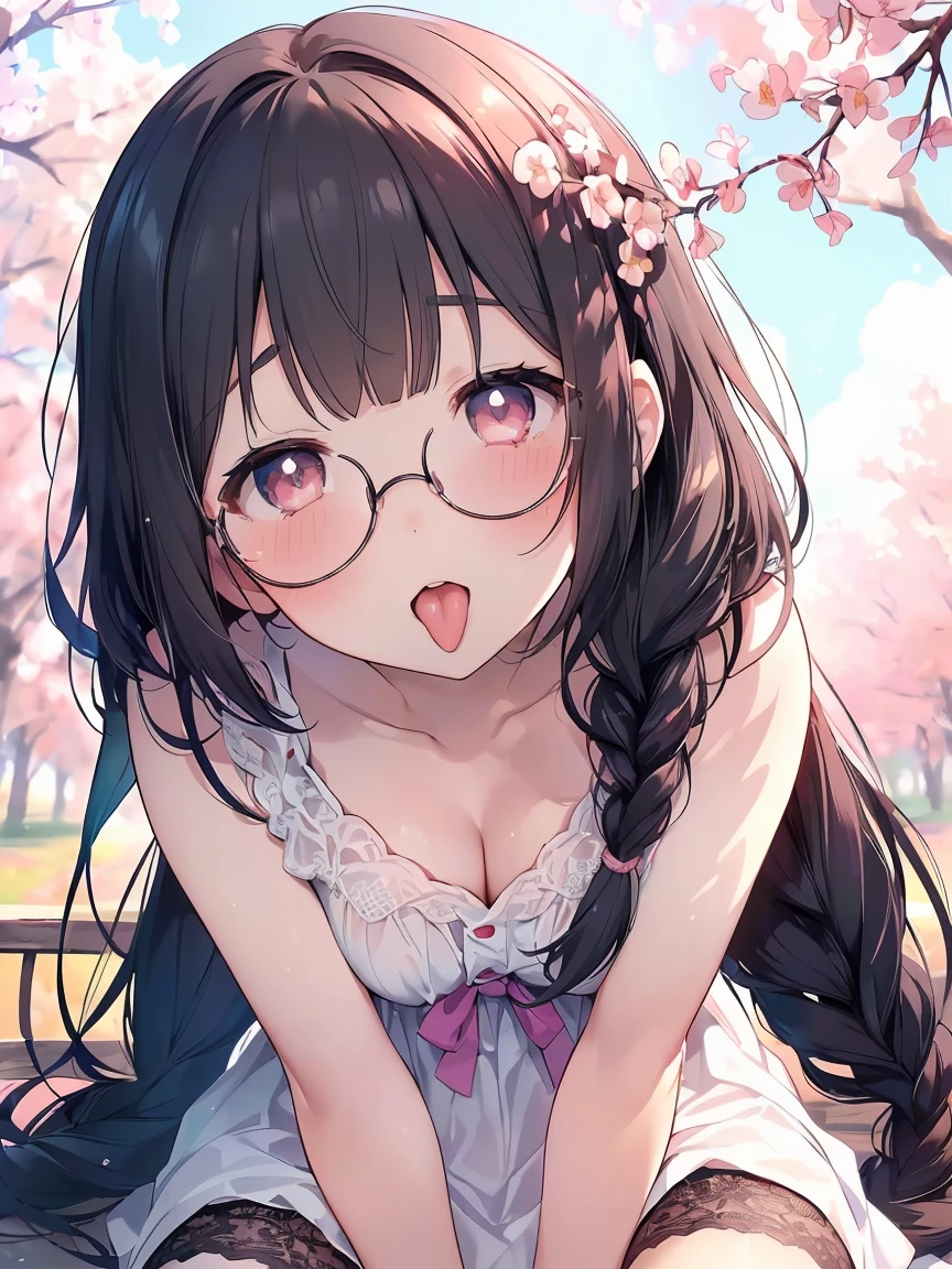 Very detailed, highest quality, High resolution, Moe Anime, ((A cute elementary school girl with black hair and droopy eyes)), ((Wearing large round glasses:1.4)), (Baby Face), Cute eyes, Detailed eye depiction, Sparkle in the eyes, View your viewers, Pale skin, (Big eyes:1.4, Droopy eyes:1.4, Fatty face:1.4), smile, Focus on the face, In the park with cherry blossoms falling, Sitting, (Extreme close up of tongue), (((From below))), Open your mouth, (((Face only:1.3))), ((white lace sleeveless dress)), Bright Eyes, Light from the front, (Put your hands between your legs:1.4), large and long tongue, Cleavage, Braided Hair, Pink ribbon
