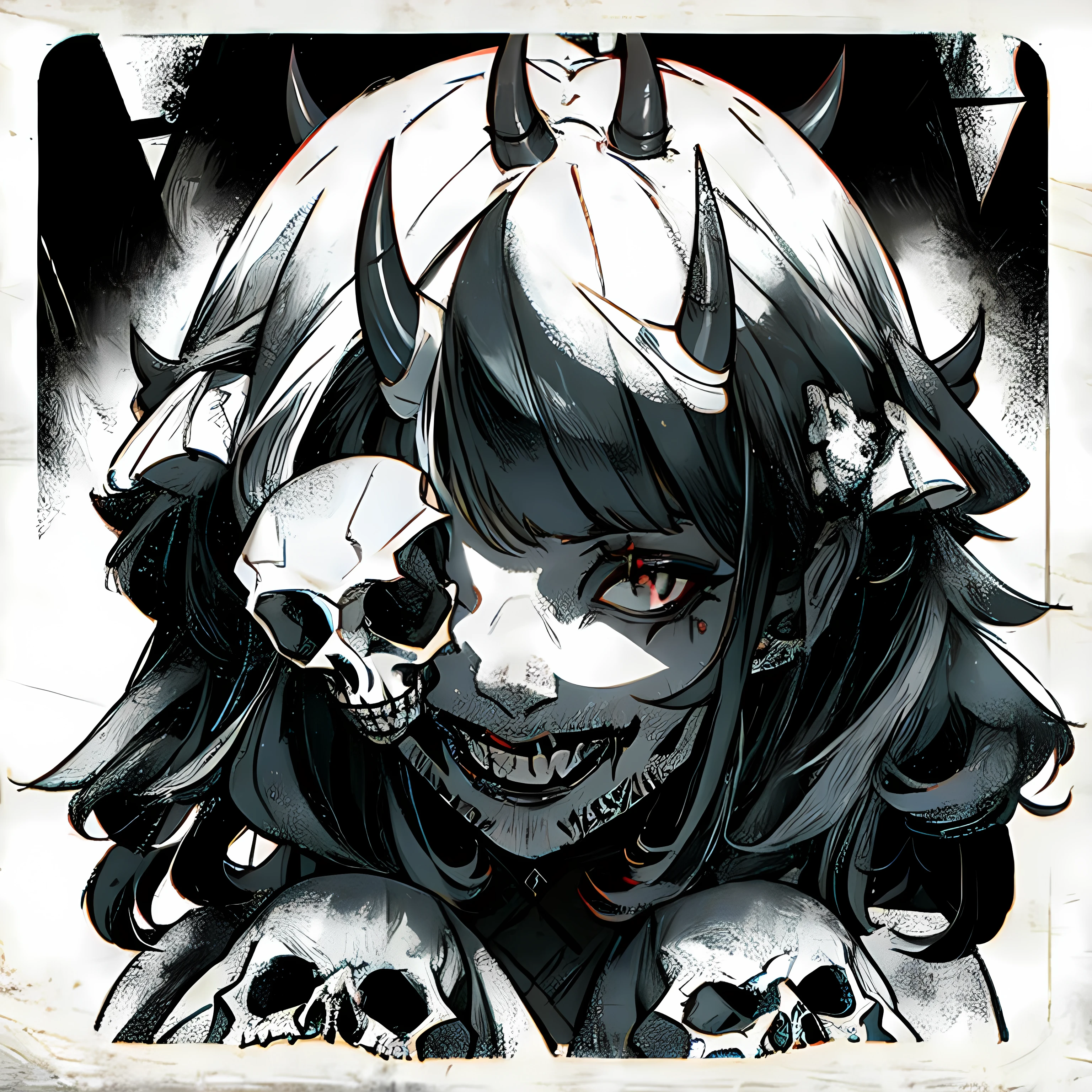 make a horror portrait of a devil horned girl in black and white colors, full body view, skulls