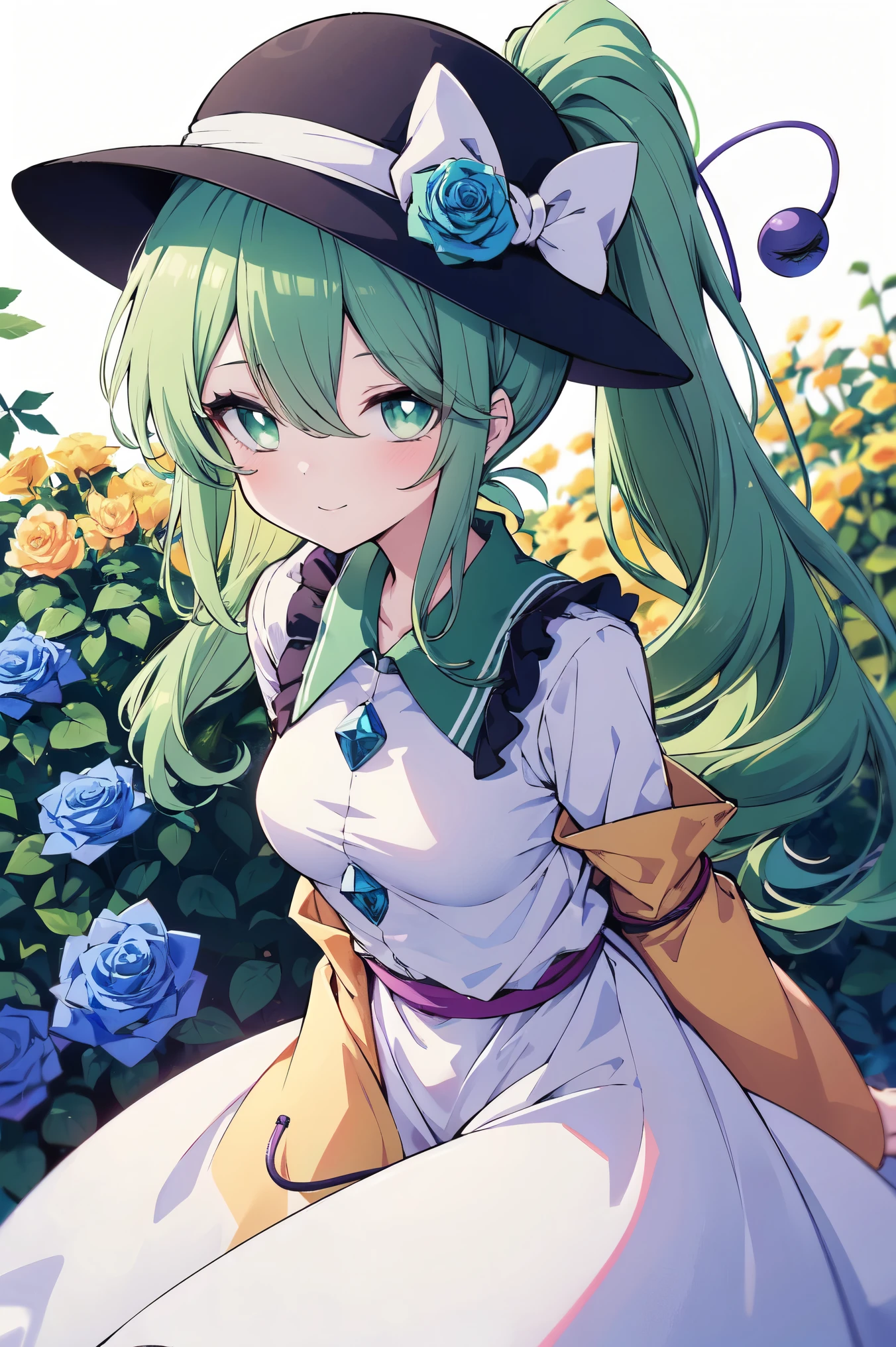 (cowboy shot), (colorful:1.1), (ultra-high resolution, depth of field:1.2), Touhou project, (komeiji koishi), (1woman), adult, medium breasts, (dark green eyes), white pupils, glowing eyes, green hair, wavy hair, (long hair), ponytail, (wearing a white summer dress:1.2), A closed blue-purplish "third eye", with cords wrapped around her torso and attached to each of her ankles, (blue roses in the background), garden scenery, gentle smile, (squinting eyes)
