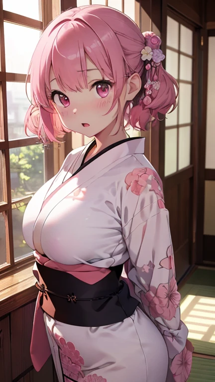 masterpiece、highest quality、Very detailed、Photograph the upper body、1 female、(Put your arms behind your back:1.4)、Are standing、Turn your body forward、View your viewers、(short kimono)、break,blush、shy、Pink Hair、Open your mouth、Japanese-style room、Big Breasts、