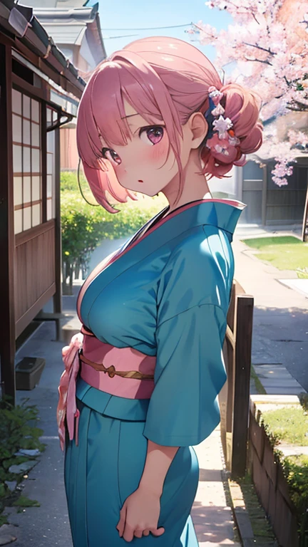 masterpiece、highest quality、Very detailed、Photograph the upper body、1 female、(Put your arms behind your back:1.4)、Are standing、Turn your body forward、View your viewers、(short kimono)、break,blush、shy、Pink Hair、Open your mouth、Japanese-style room、Big Breasts、