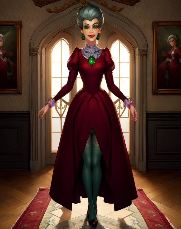 tremaine,green eyes,grey hair,large hair,
red dress,green gem,small earrings,
Full body,serious,looking at viewer,glowing eyes, 
castle,indoors,dim lighting, under view, dress lift, lace stockings, lace panties, smiling,
(insanely detailed, masterpiece, beautiful face,  best quality),solo,