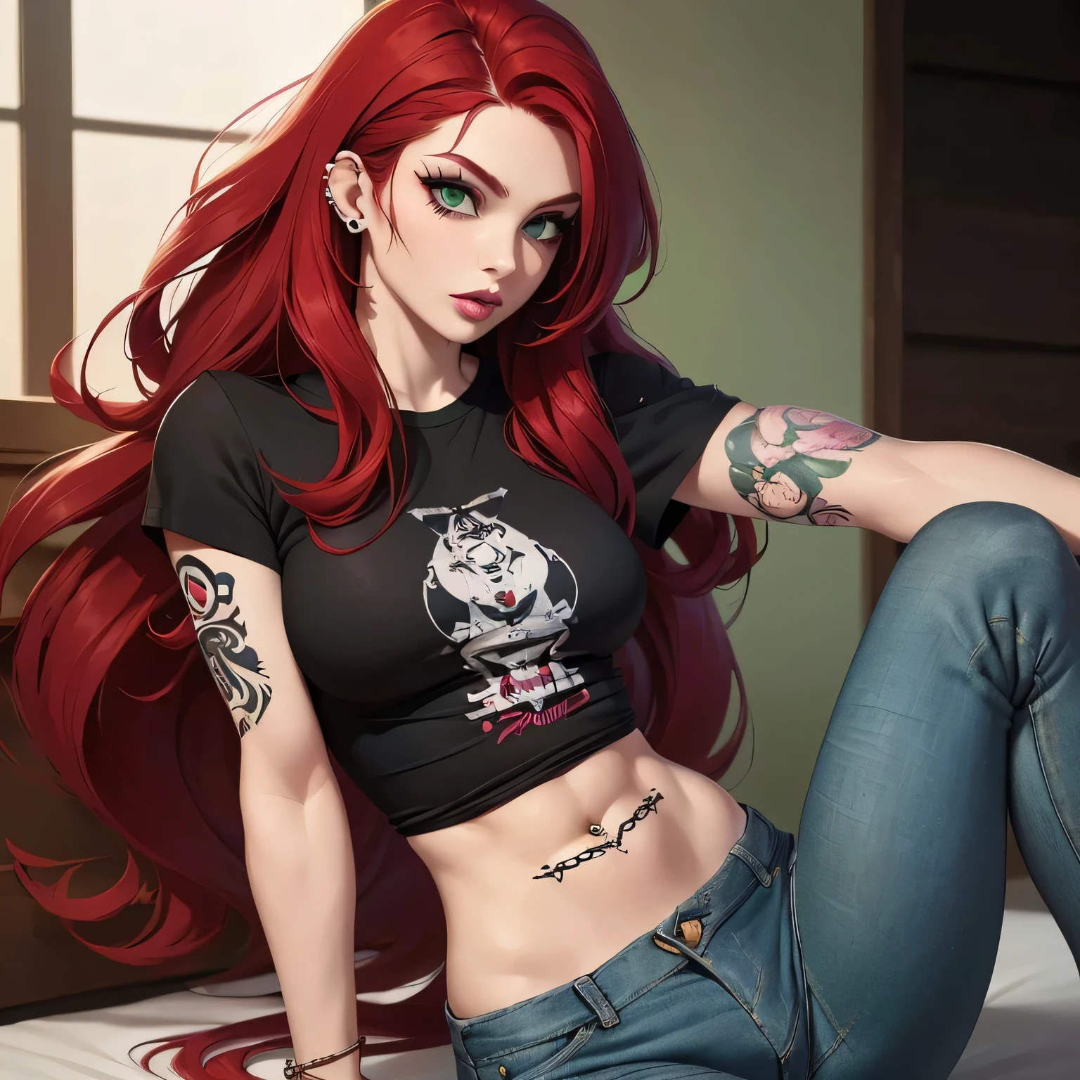 ((Solo)) ((Masterpiece)) ((High Quality)) ((Perfect Face)) ((Beautiful)) ((Crimson Hair)) ((Long Hair)) ((Cute Nose)) ((Green Eyes)) ((Pale Skin)) ((Black Tee Shirt)) ((Tight jeans)) ((Full lips)) ((Natural Light)) ((Small Breasts)) ((Athletic Figure)) ((Punk Girl)) ((Tattoos)) ((Dark Makeup)) ((Piercings))