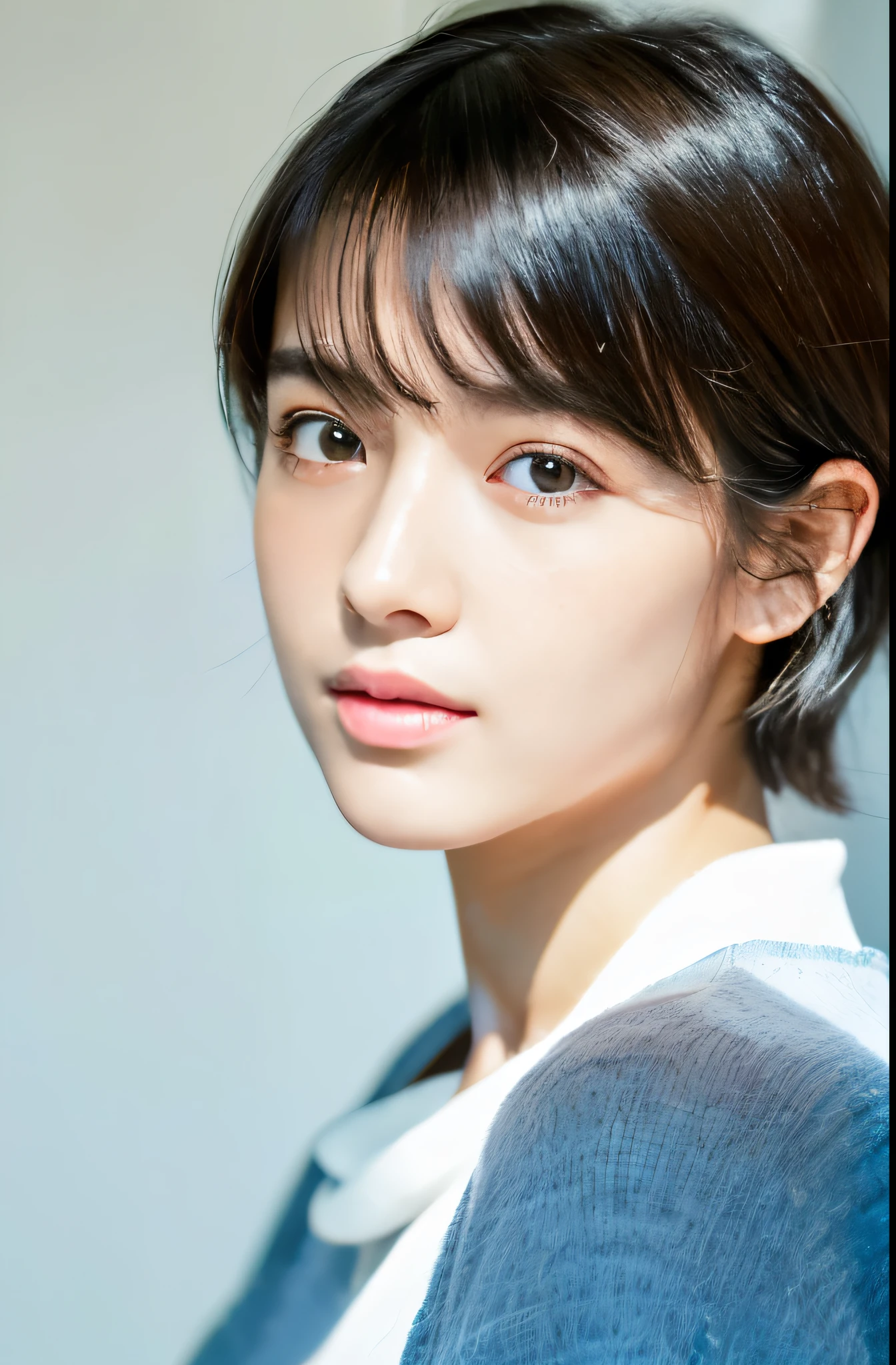 (masterpiece, best quality:1.4), (8k, raw photo, photo realistic:1.2), (shiny skin), detailed skin, detailed face, detailed eyes, 1girl,short cut, Simple white room、A soft light fills the room、looking at the camera、The photo shows the person from the waist up.、30th Generation、Slightly sharp features、Japanese