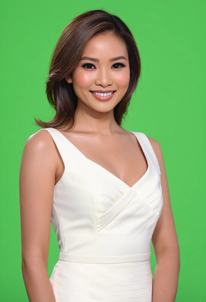 (epicrealism), (realism:1.5), (ultar high definition), highly detailed, (16k raw image), (whole body picture), (front view), 1 female news anchor, of filipina-spanish decent (reference: beautiful filipina girls), 30-years old, round-shaped face, shoulder-length hair (brunette), light make up, wearing professional business attire, standing in front of a green screen, looking directly at the camera, (smile:1.0), presenting news, realistic hair, detailed hair, detaile eyes, realistic eyes, realistic skin, detailed skin (skin pores:1.2)