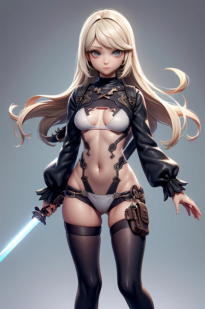 Nier automata, (nier automata), solo, ray tracing, Estilo 3D, 3DMM, corpo inteiro,(Front view), (Emist on the left),(seios muito grande),barriga perfeita, perfect and symmetrical eyes, (perfect handuturistic sword in hand)), ((cabelos curto)), pele clara, cintura fina, pernas grande, low water, Show legs to the top of the waist, (tecido partido caindo sobre as pernas),((top muito aberto)),pele ultra realista, pele ultra detalhada, olhos realistas humano,pele ultra realista,traje super sensual, top com babados,(pubis com muito volume),(extremamente sensual),(very sensual),((saia rodada com texturas detalhas nas extremidades)),((saia rodada com abertura em uma das laterias)),((saia curta projetada para traz)),((bodysuit extremamente fino branco cavado)),((white bodysuit with slit to the waist)),((mid-waist bodysuit)),(mostrar pernaostrar pernas), top quadriculado, fendas da cintura para a coxa, desenhos decorando tecidos, linhas acesas no tecido,texturas bem definidas, dress flying backwards,(((bodysuit cavado branco))),(((bodysuit fino e cavado branco no alto da cintura))),(((ninfa))),(((ninfeta))),((ninfeta)),(((modelo coreana))),(((sling bikini)))