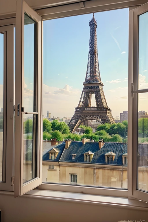 From the window you can see the Eiffel Tower on the left, Watercolor style,