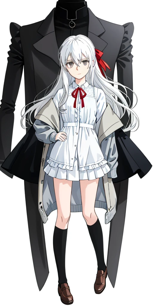 ((casual-style)), 1girl, solo, white hair, shirt, red ribbon, ribbon, looking at viewer, long hair, full body, white eyes, white shirt, grey eyes, hair between eyes, neck ribbon, collared shirt, cardigan, closed mouth, expressionless, jacket, simple background, frills, bangs, white background, long sleeves