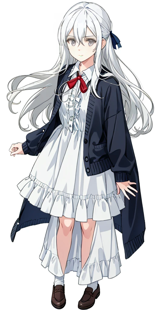 ((casual-style)), 1girl, solo, white hair, shirt, red ribbon, ribbon, looking at viewer, long hair, full body, white eyes, white shirt, grey eyes, hair between eyes, neck ribbon, collared shirt, cardigan, closed mouth, expressionless, jacket, simple background, frills, bangs, white background, long sleeves