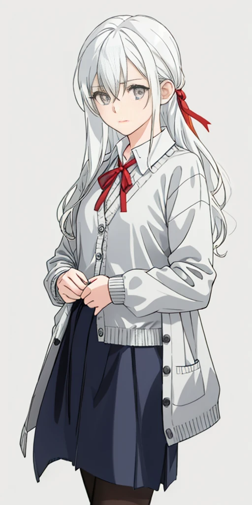 ((casual-style)), 1girl, solo, white hair, shirt, red ribbon, ribbon, looking at viewer, long hair, full body, white eyes, white shirt, grey eyes, hair between eyes, neck ribbon, collared shirt, cardigan, closed mouth, expressionless, jacket, simple background, frills, bangs, white background, long sleeves