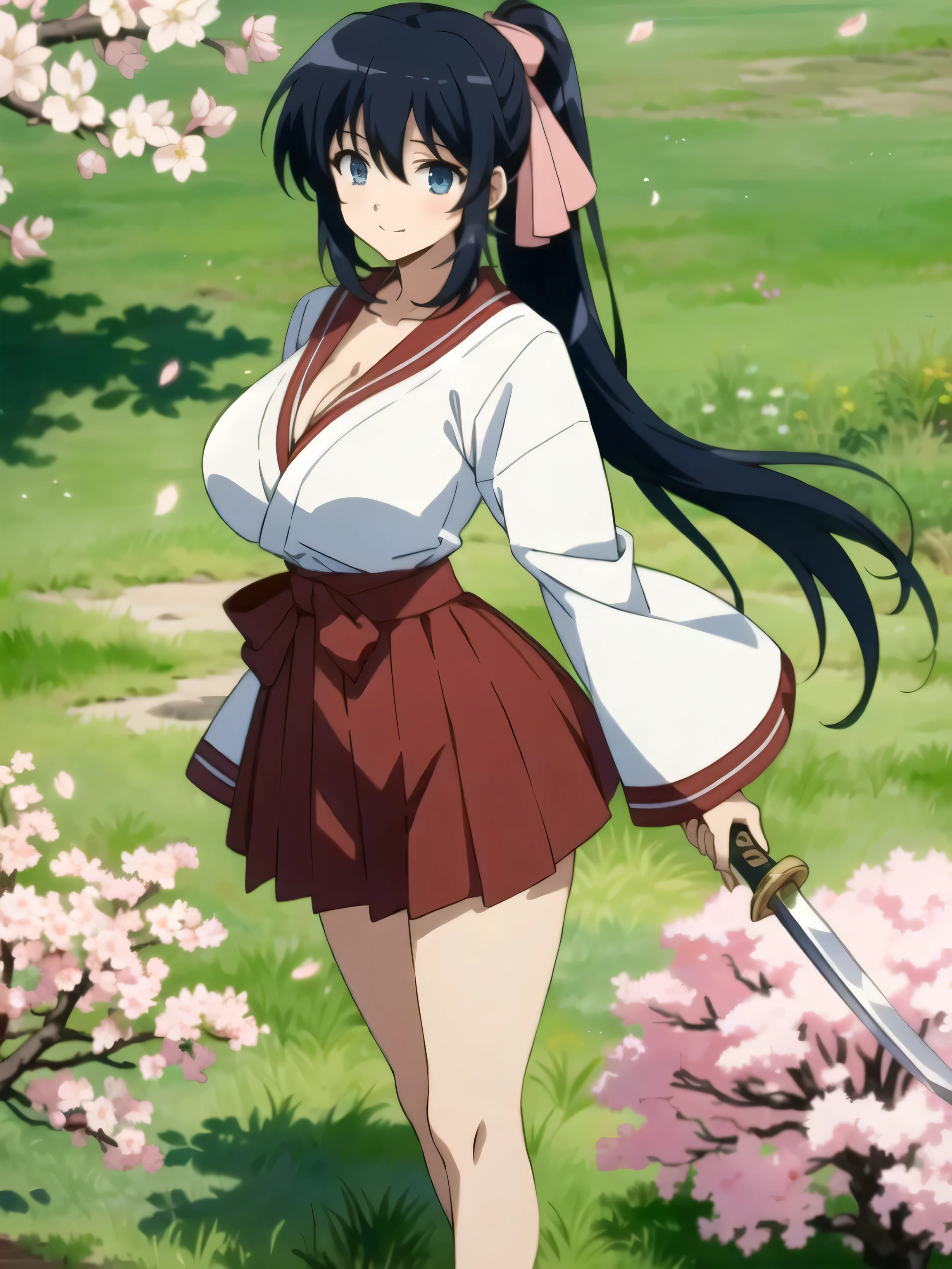 ((highest quality)), ((masterpiece)), (detailed), (16k high definition anime), Anatomically perfect body,Himari Noihara, 1girl,One girl、Perfect Face、Cute face、Beautiful Face、smile、Beautifully detailed eyes、blue eyes、Black Hair、Long Hair、ponytail、Red ribbon、(Large Breasts:1.3)、Beautiful cleavage、(sailor suit top、Short length), Beautiful cleavage、(Sailor skirt), Sometimes punch、Smooth body lines、Wide hips、Big ass、High Body、Beautiful long legs、(Are standing、With legs wide open、Holding a Japanese sword)、Combat pose、View your viewers、(Cherry blossom park background、under the cherry tree、SakuraFubuki )、Above-the-knee photos、