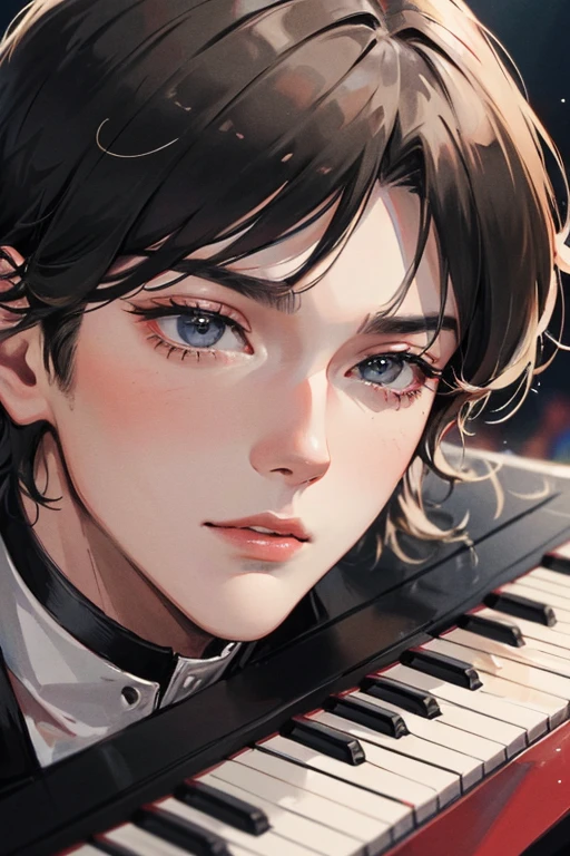 ((best quality)), Perfect face　masterpiece　best quality　Man playing keyboard　rock band　on stage　Middle-aged men　Black Hair　Exercise short hair　A kind face　Adult male