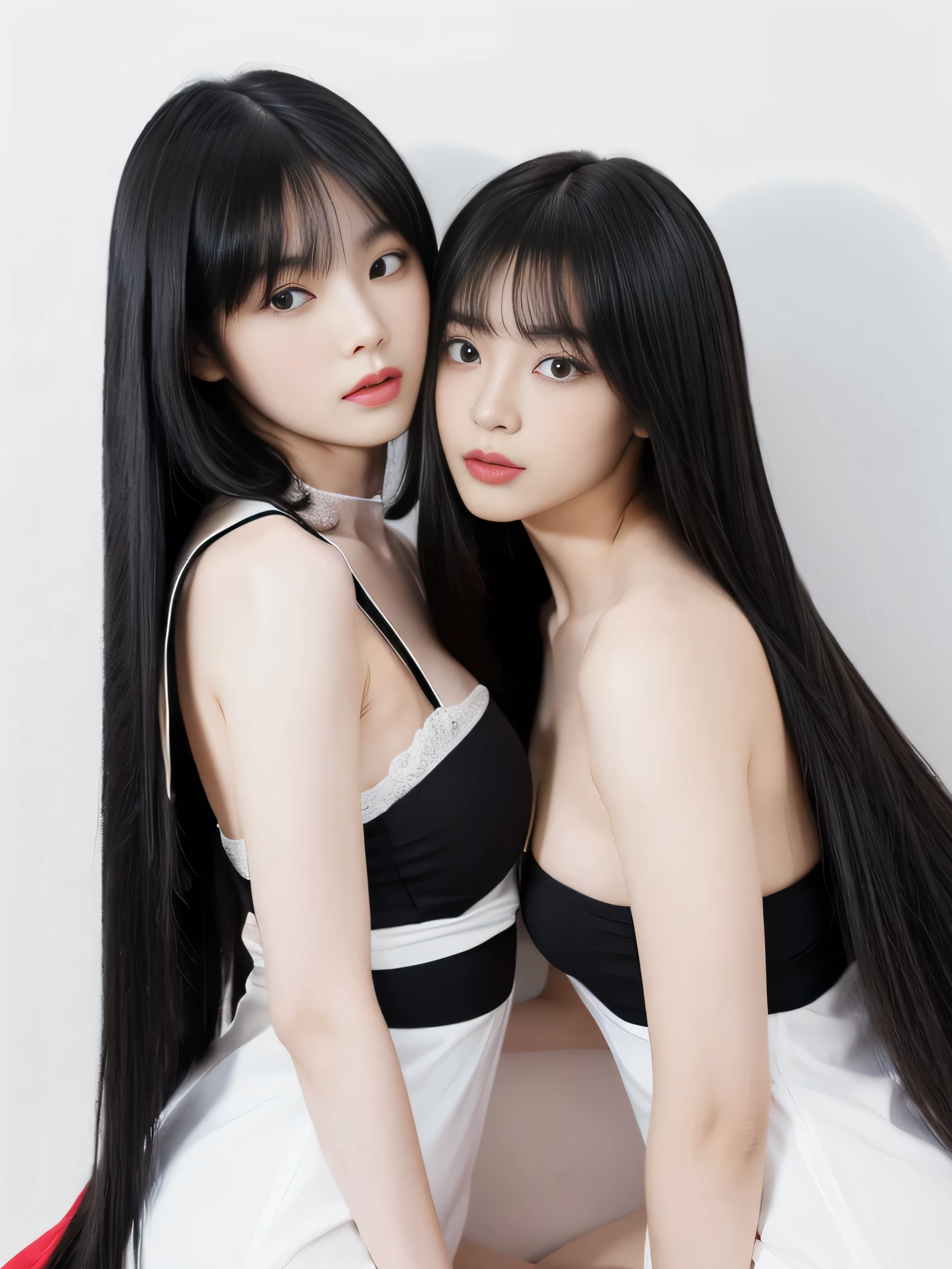 (Two clone twin hair models photographed from the knees up in the same space) 　((Two female hair models lie on a white bed in identical poses, embracing each other while looking at each other.:1.6))　(They are are are the same clone)　((They are try to show off their hair as much as possible.,))　((Beautiful 18-year-old model with long black hair, girl with super length Hair, extremely length Hair, extra length Hair, very long, Flowing Hair, very length Hair, length Hair girl, very long, Flowing black hair, length Hair windy, Very long black hair, length, Flowing Hair,Incredibly long-lasting hair, length Hair!!!!　Her highest quality hair is long and straight., very long, highest quality black hair, length hair in the center, Highest quality long straight hair, length, straight, beautiful, High quality hair, length and free black highest quality straight hair, length Hair, length and straight, highest quality black hair, Perfect silky straight hair of the highest quality, straight, highest quality black hair, length black straight hair, length, Thin black hair　Her hair is long and straight, very long black hair, length hair in the center, length straight hair, length, straight, beautiful hair of the highest quality, length Hair, length, straight black hair, length and free straight black hair, straight black hair))　(Her bangs are perfect.:1.3)　(Pure white wall background:1.8)　(Japan&#39;s most sexy and beautiful 24-year-old beauty model)　((highest quality)), ((masterpiece)), (Familiar)　(Get used to it)　Perfect Face　　(Her skin is a typical Japanese skin color......、And very detailed)　　(Big Breasts:1.3)　(She has a beautiful face and a typical Japanese figure...., Narrow eyes)　(She has perfect beautiful makeup and face　Lipstick is light red　A solid eyeliner)　((Rich 1.4))　(Extremely detailed 8K)　(Ultra-fine skin texture 1.4)　(Actual, Vibrant:1.4), double eyelid　Sharp focus:1.2、Beautiful woman:1.4　Dynamic Lighting　(Genuine RAW photos taken by professional photographers)　　Professional Hair Shine.　(She has a bright and cheerful face)　　(((途方もなくlengthBlack hair 1.3)))　(length, Shiny black hair, その女性はlengthBlack hairをしている, lengthBlack hair, Waist-length hair, very lengthBlack hair, thick shining black hair, black silky hair, length and shiny hair, lengthBlack hair, length, Flat Hair　Ridiculously long hair, Black shiny hair, Very shiny, Abnormally long hair, 厚く輝く異常にlengthBlack hair,Jet black silky hair　Her hair is とてもlength and straight　length, Voluminous black hair that reaches down to her ankles　unusually long black hair, unusually long black hair, Very long black hair)　(Her face is slim and dignified.., length, Narrow eyes..々Nice face)　(They are are&#39;They are&#39;They&#39;re both wearing the same white lingerie:1.5)