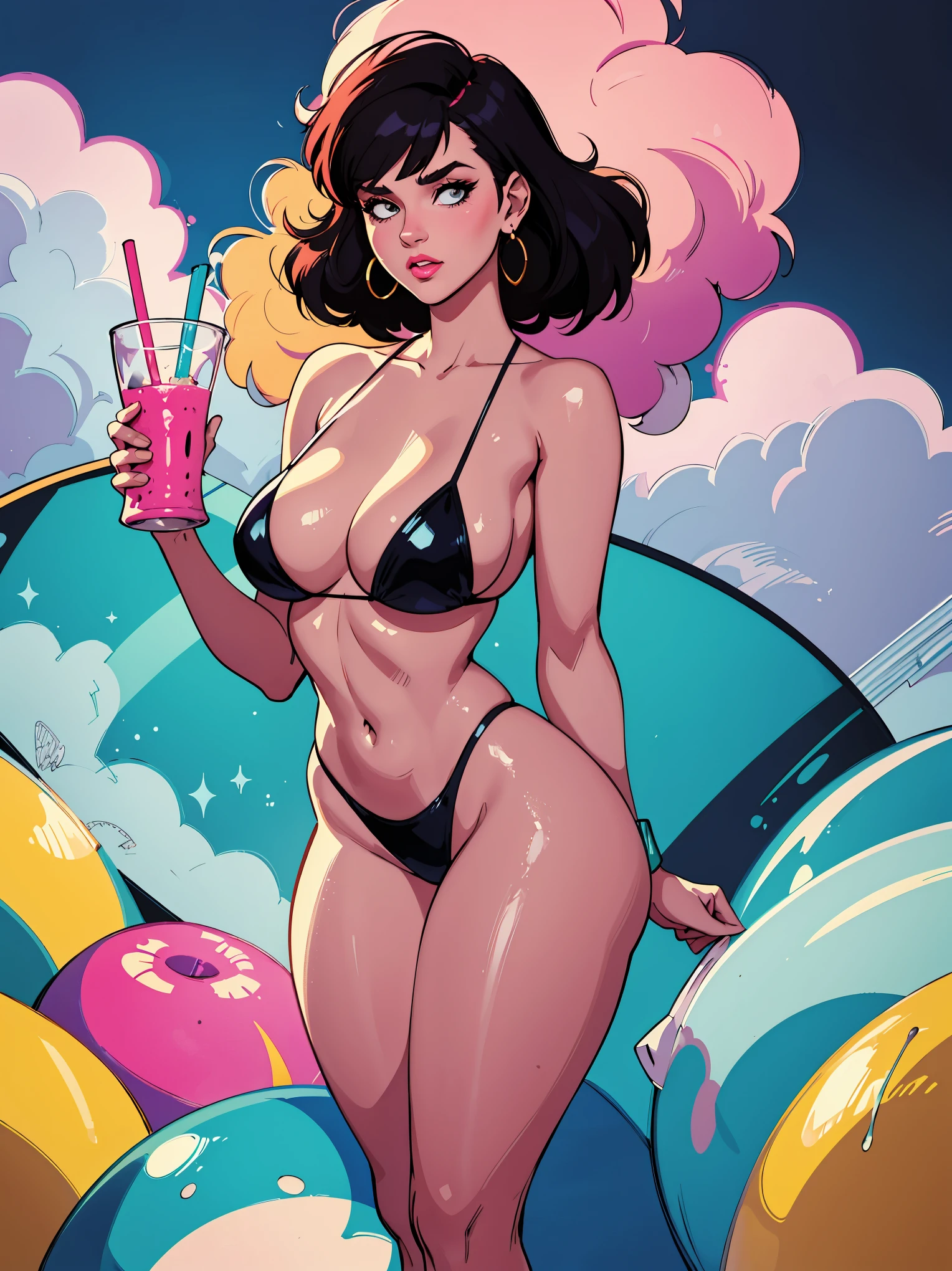 Young girl, 80s fashion appearance, in style of digital illustration, pinup art, lois van rossdraws, artstyle : ilya kuvshinov, deviantart artstation cgscosiety, stunning digital illustration, soda themed girl, beautiful retro art, jen bartel, milkshake, matte digital illustration, glossy digital painting, ((curvy body)) micro bikini
